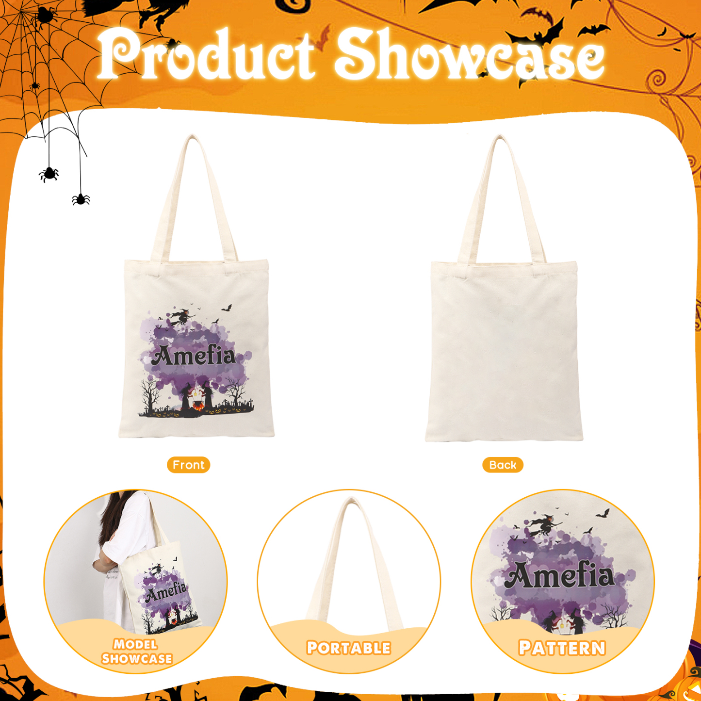 Personalised Halloween Canvas Bag with Custom Name & Pattern for Family | Jessmade