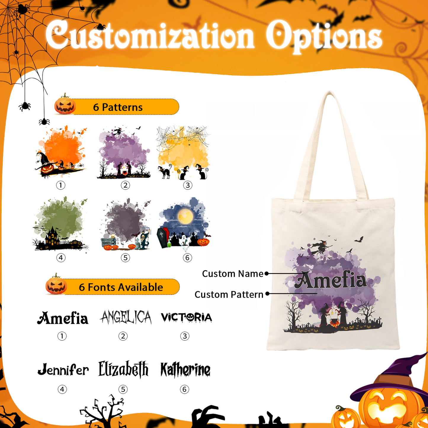 Personalised Halloween Canvas Bag with Custom Name & Pattern for Family | Jessmade
