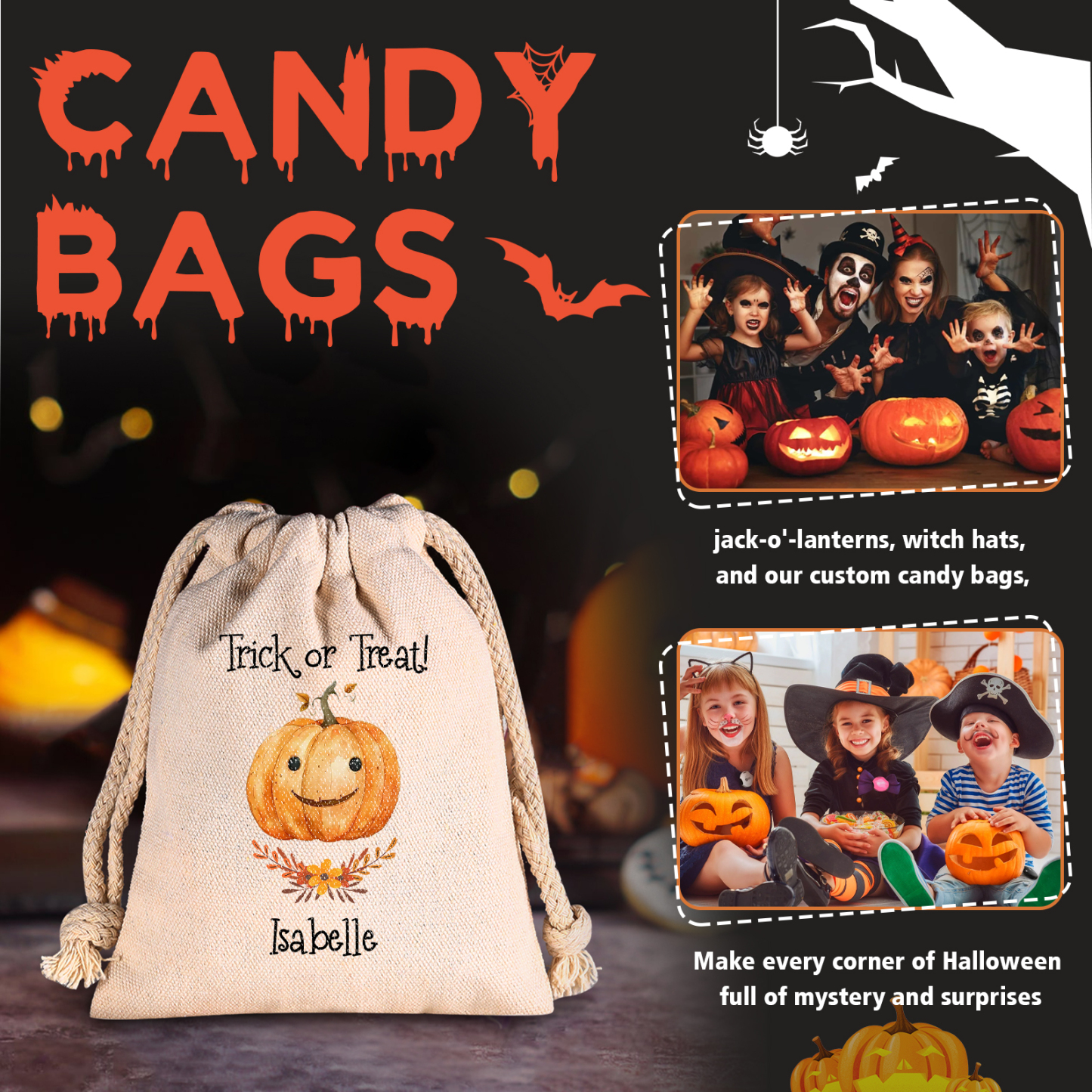 Personalised Halloween Trick or Treat Bags - Custom Named Marshmallow Bags with Pumpkin/Ghost Designs For Kids | Jessmade
