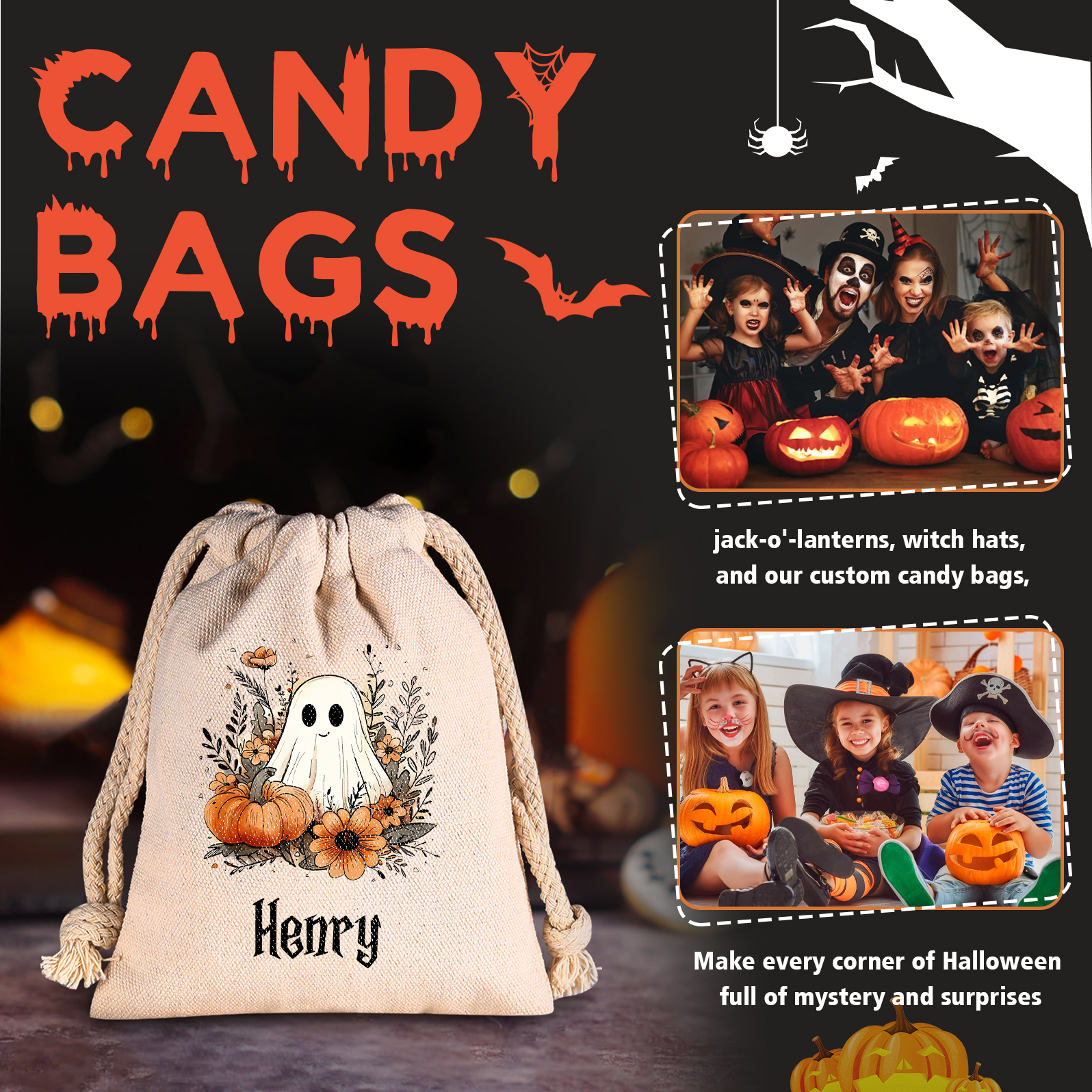 Personalised Halloween Trick or Treat Bags - Custom Named Marshmallow Bags with Pumpkin/Ghost Designs For Kids | Jessmade