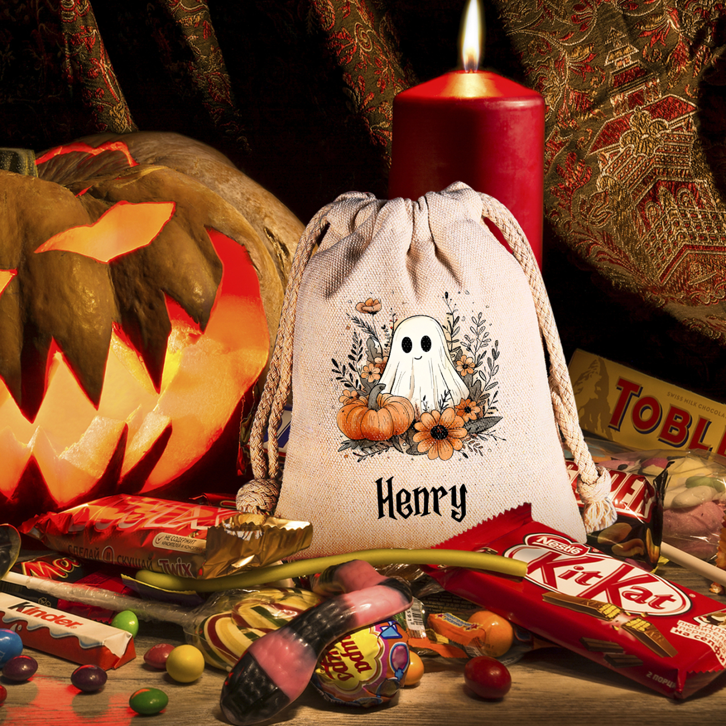 Personalised Halloween Trick or Treat Bags - Custom Named Marshmallow Bags with Pumpkin/Ghost Designs For Kids | Jessmade