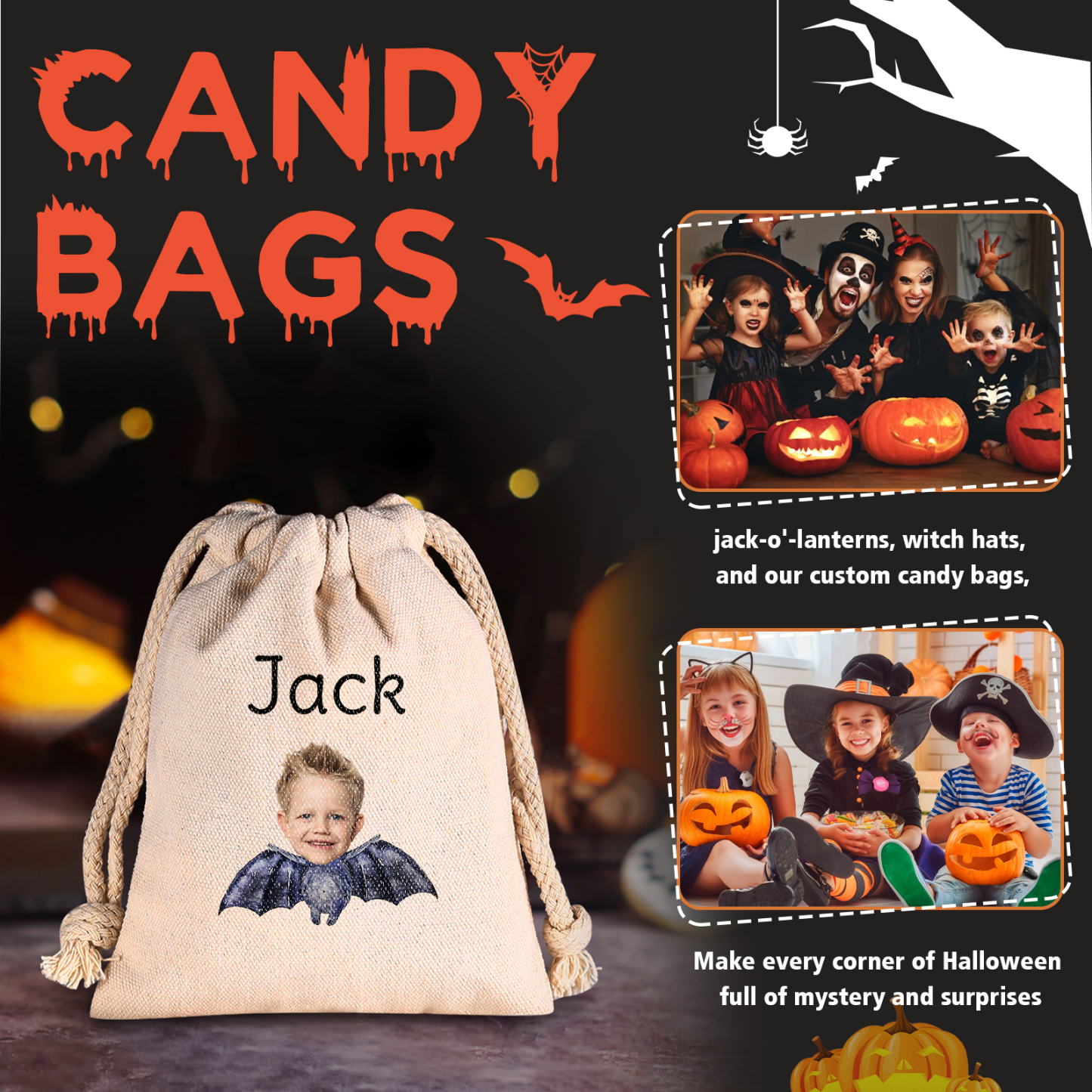 Personalised Halloween Drawstring Bag with Custom Photo and Name – Perfect for Trick or Treat! | Jessmade