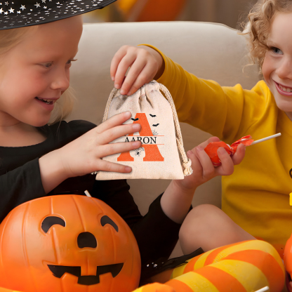 Personalised Halloween Trick or Treat Bag with Name and Initial - Cotton and Hemp Drawstring Candy Bag for Kids | Jessmade