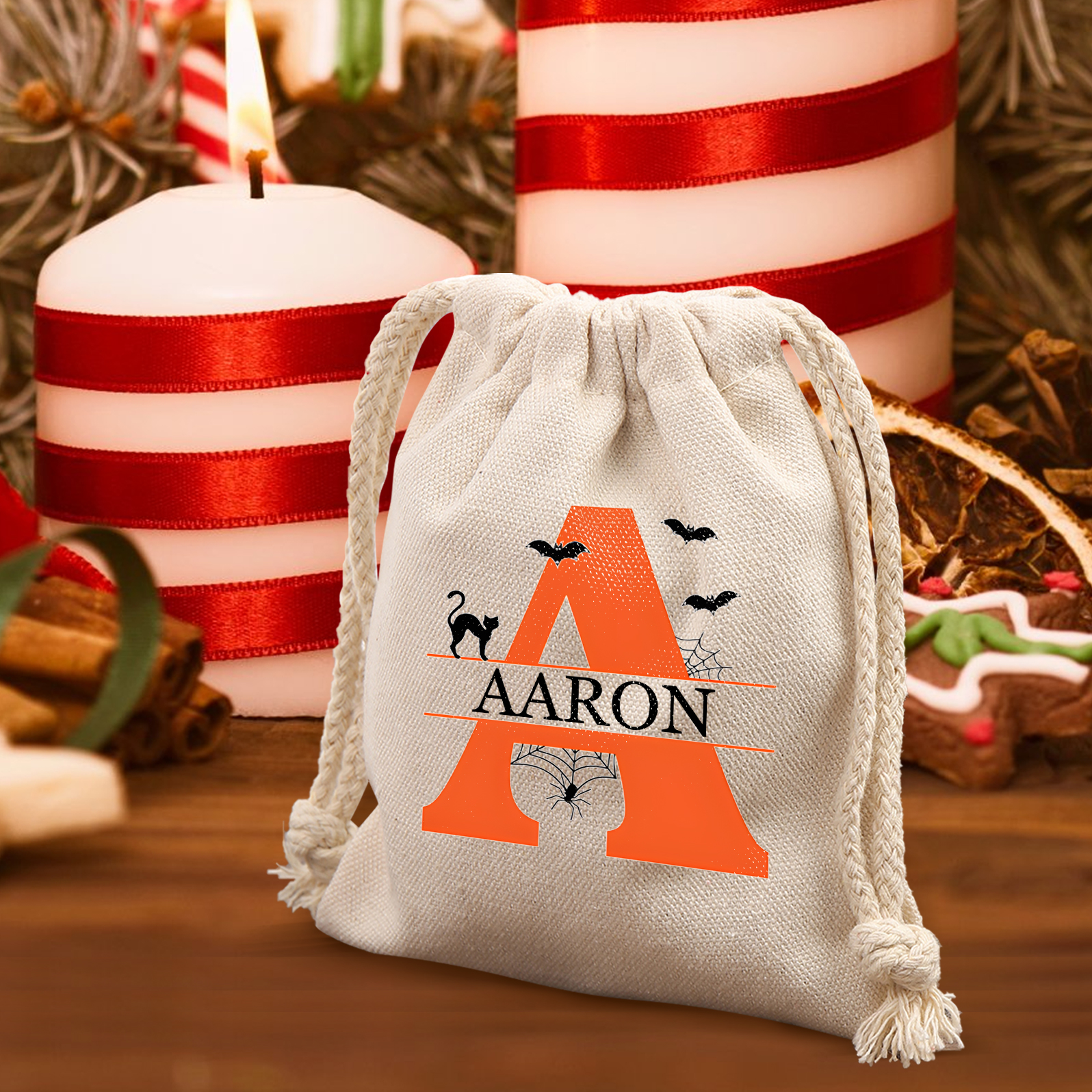 Personalised Halloween Trick or Treat Bag with Name and Initial - Cotton and Hemp Drawstring Candy Bag for Kids | Jessmade