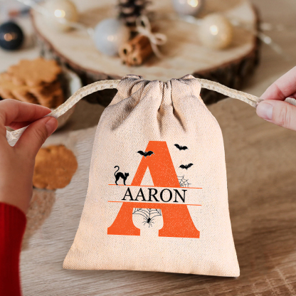 Personalised Halloween Trick or Treat Bag with Name and Initial - Cotton and Hemp Drawstring Candy Bag for Kids | Jessmade