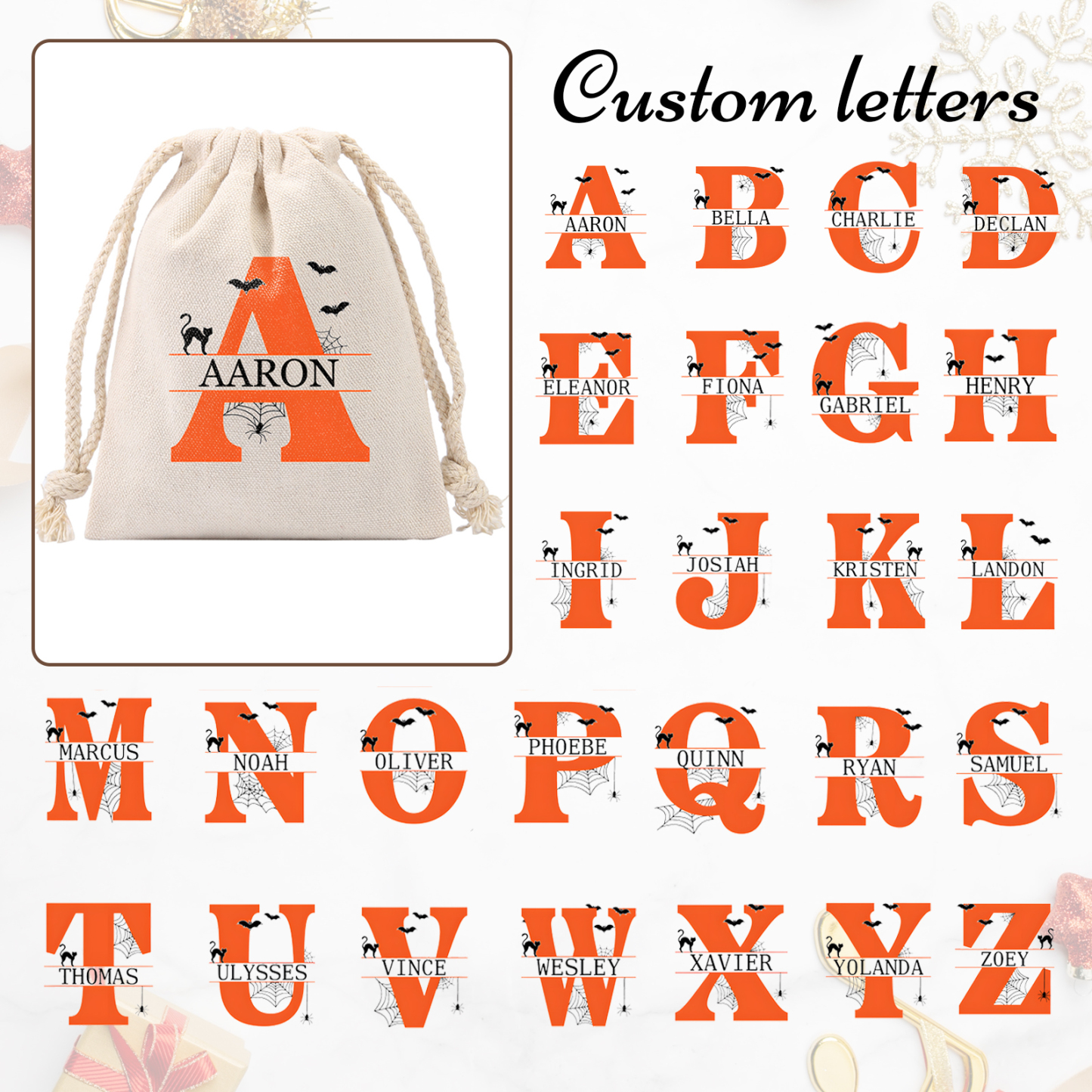 Personalised Halloween Trick or Treat Bag with Name and Initial - Cotton and Hemp Drawstring Candy Bag for Kids | Jessmade