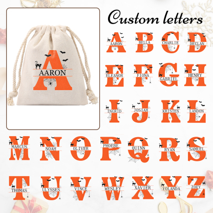 Personalised Halloween Trick or Treat Bag with Name and Initial - Cotton and Hemp Drawstring Candy Bag for Kids | Jessmade