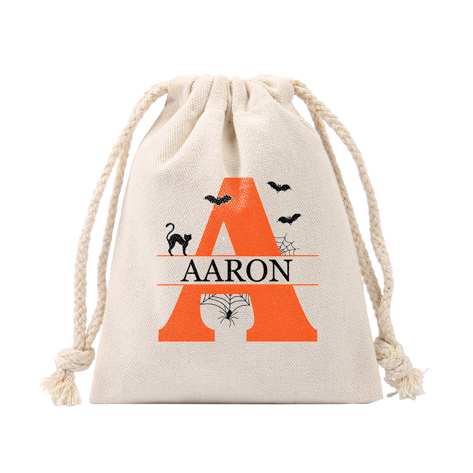 Personalised Halloween Trick or Treat Bag with Name and Initial - Cotton and Hemp Drawstring Candy Bag for Kids | Jessmade