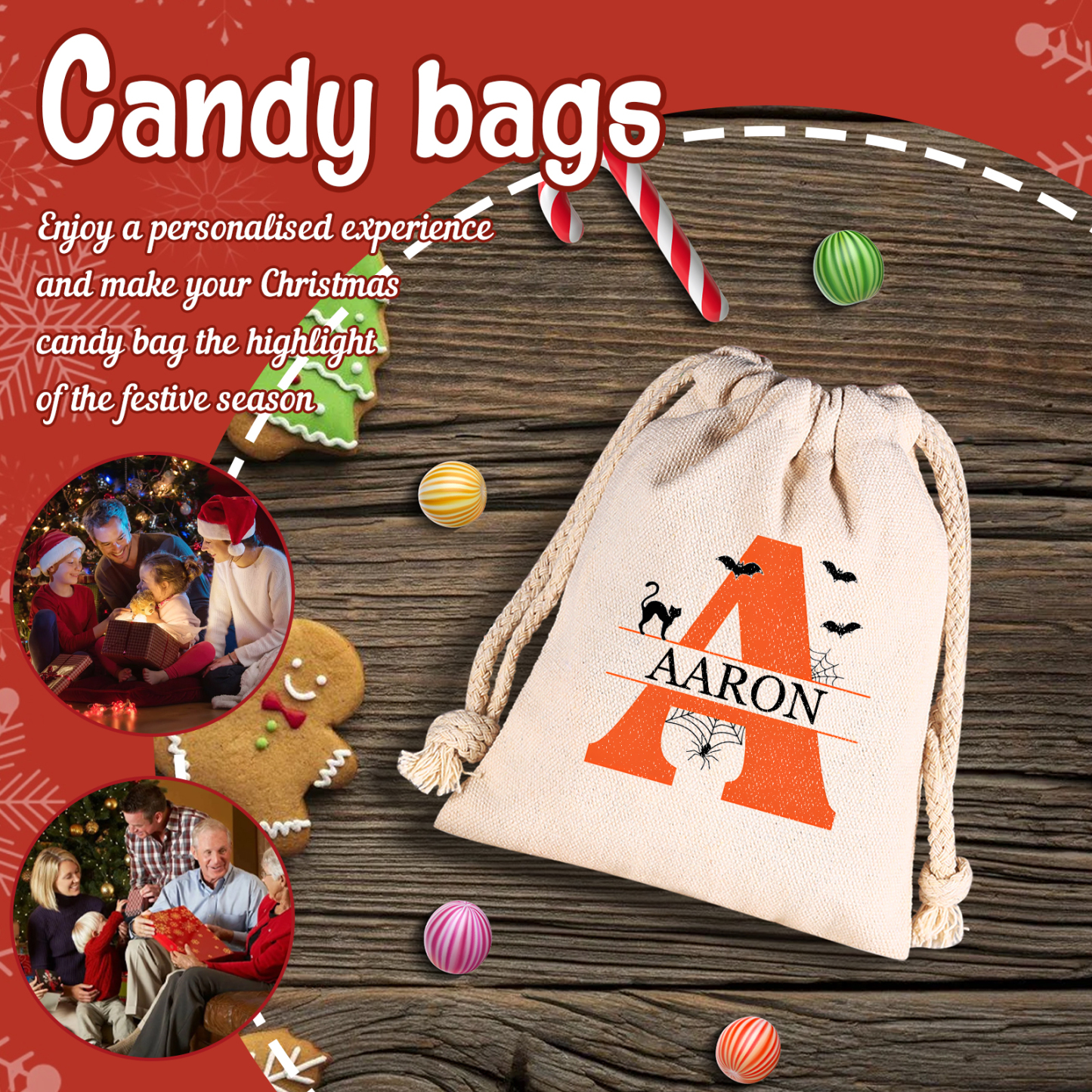 Personalised Halloween Trick or Treat Bag with Name and Initial - Cotton and Hemp Drawstring Candy Bag for Kids | Jessmade