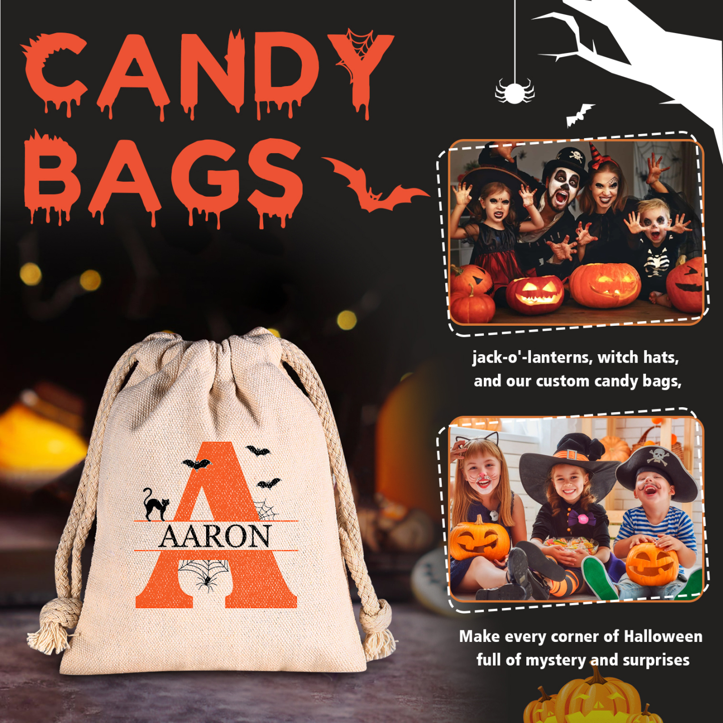 Personalised Halloween Trick or Treat Bag with Name and Initial - Cotton and Hemp Drawstring Candy Bag for Kids | Jessmade