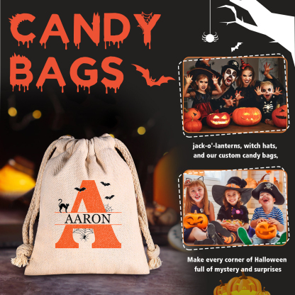 Personalised Halloween Trick or Treat Bag with Name and Initial - Cotton and Hemp Drawstring Candy Bag for Kids | Jessmade