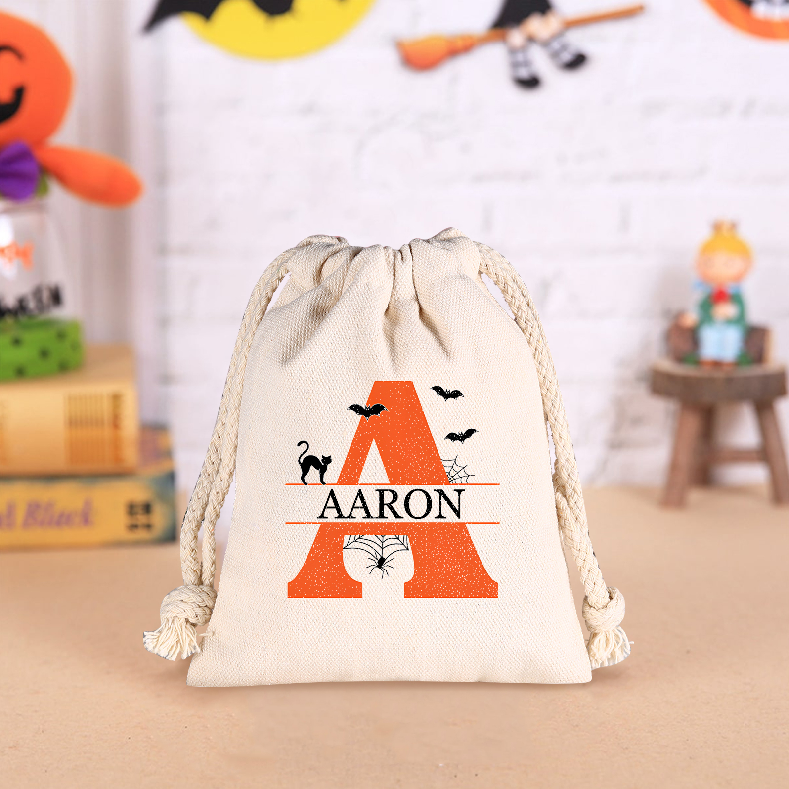 Personalised Halloween Trick or Treat Bag with Name and Initial - Cotton and Hemp Drawstring Candy Bag for Kids | Jessmade