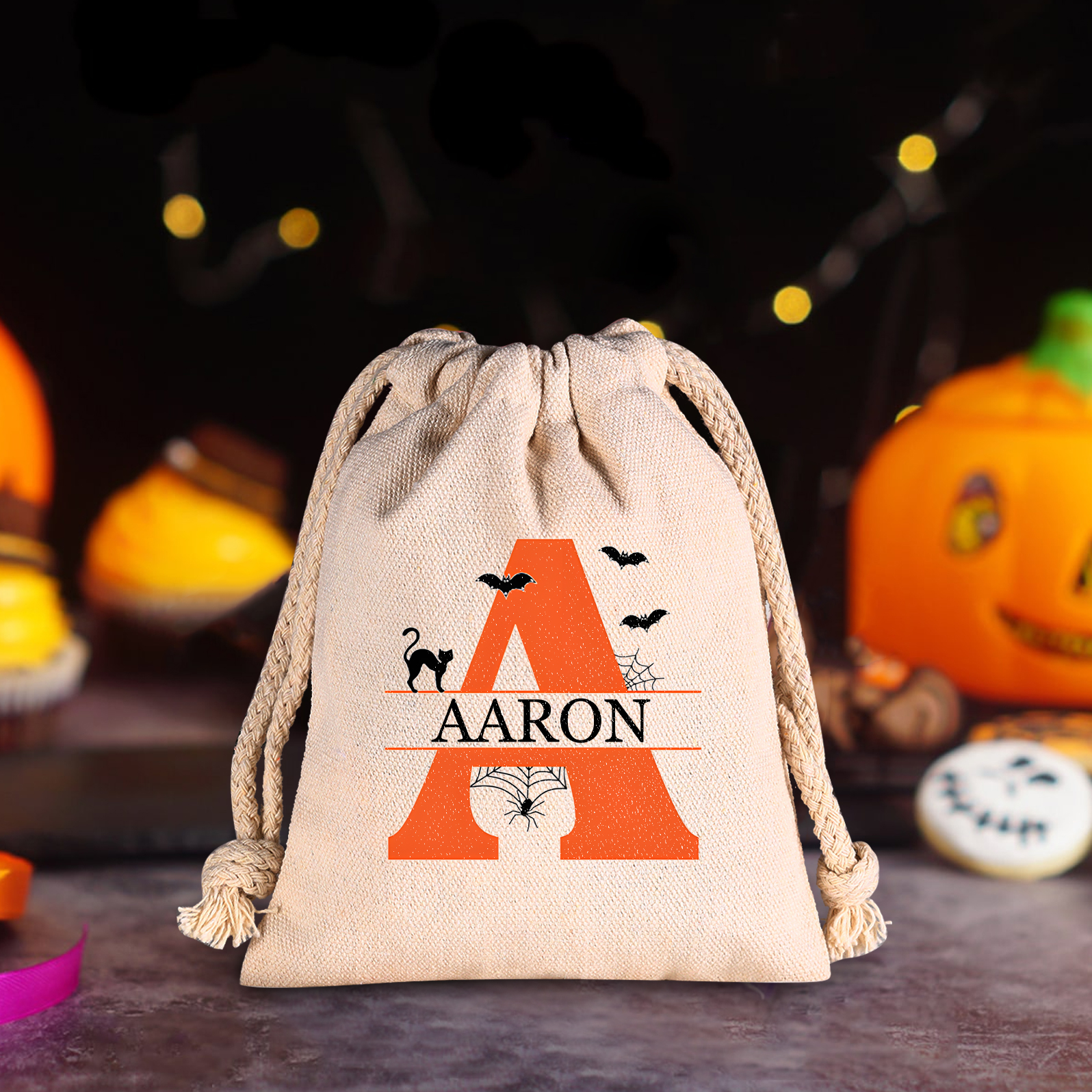 Personalised Halloween Trick or Treat Bag with Name and Initial - Cotton and Hemp Drawstring Candy Bag for Kids | Jessmade