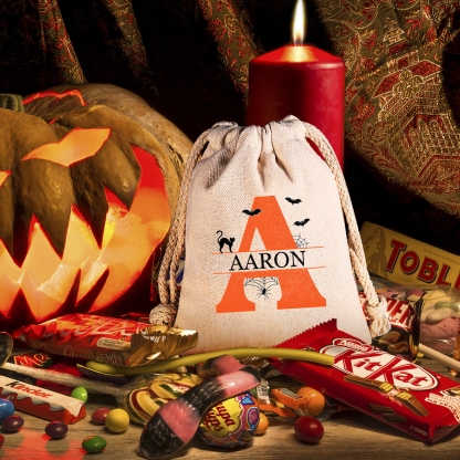 Personalised Halloween Trick or Treat Bag with Name and Initial - Cotton and Hemp Drawstring Candy Bag for Kids | Jessmade