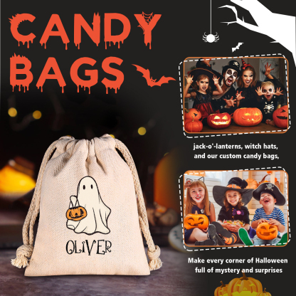 Personalised Halloween Trick or Treat Bags - Custom Named Marshmallow Bags with Pumpkin/Ghost Designs For Kids | Jessmade