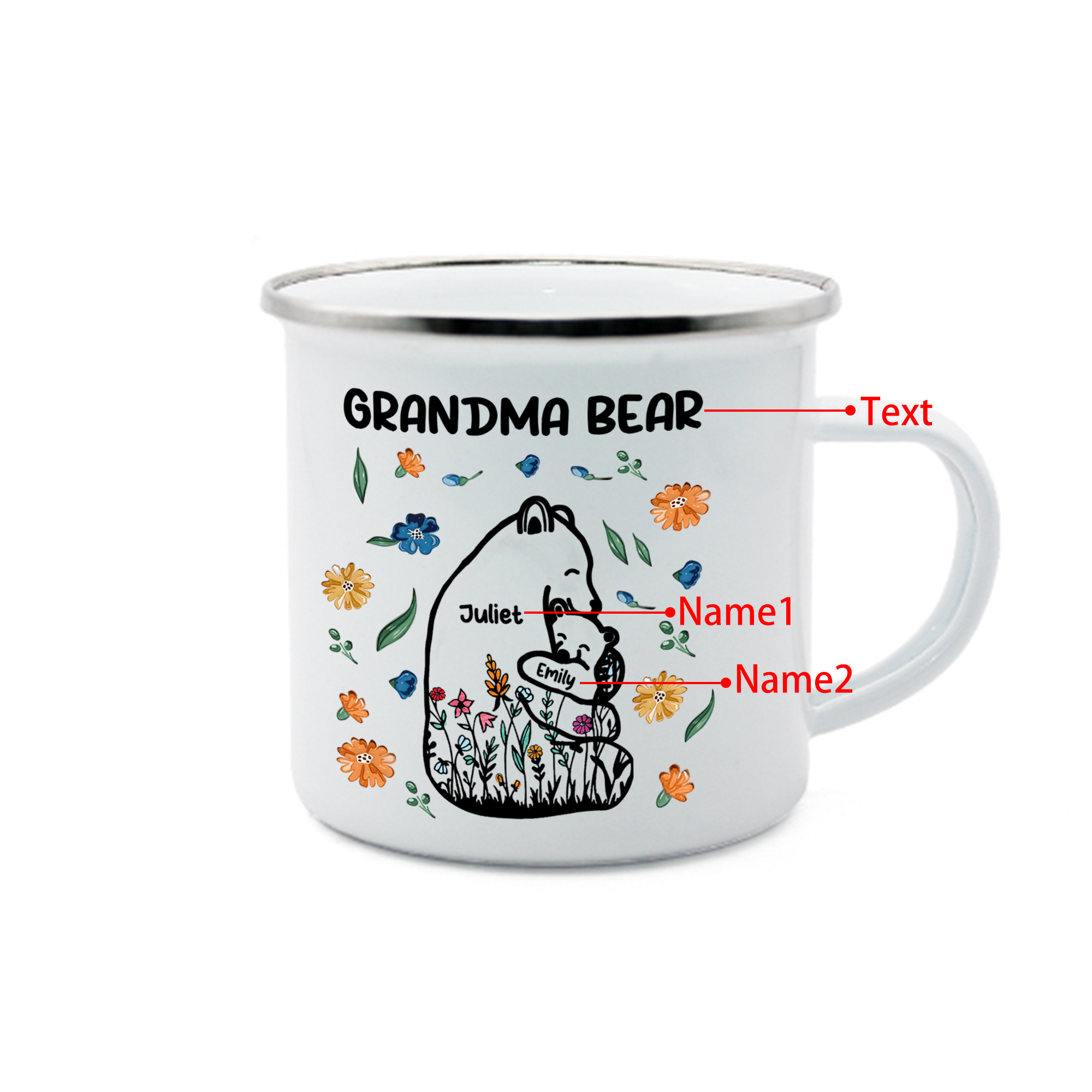 Personalized Mug - Custom 2-11 Names and 1 Text "Nan Bear" Enamel Cup Gifts for Grandma/Mom | Jessmade