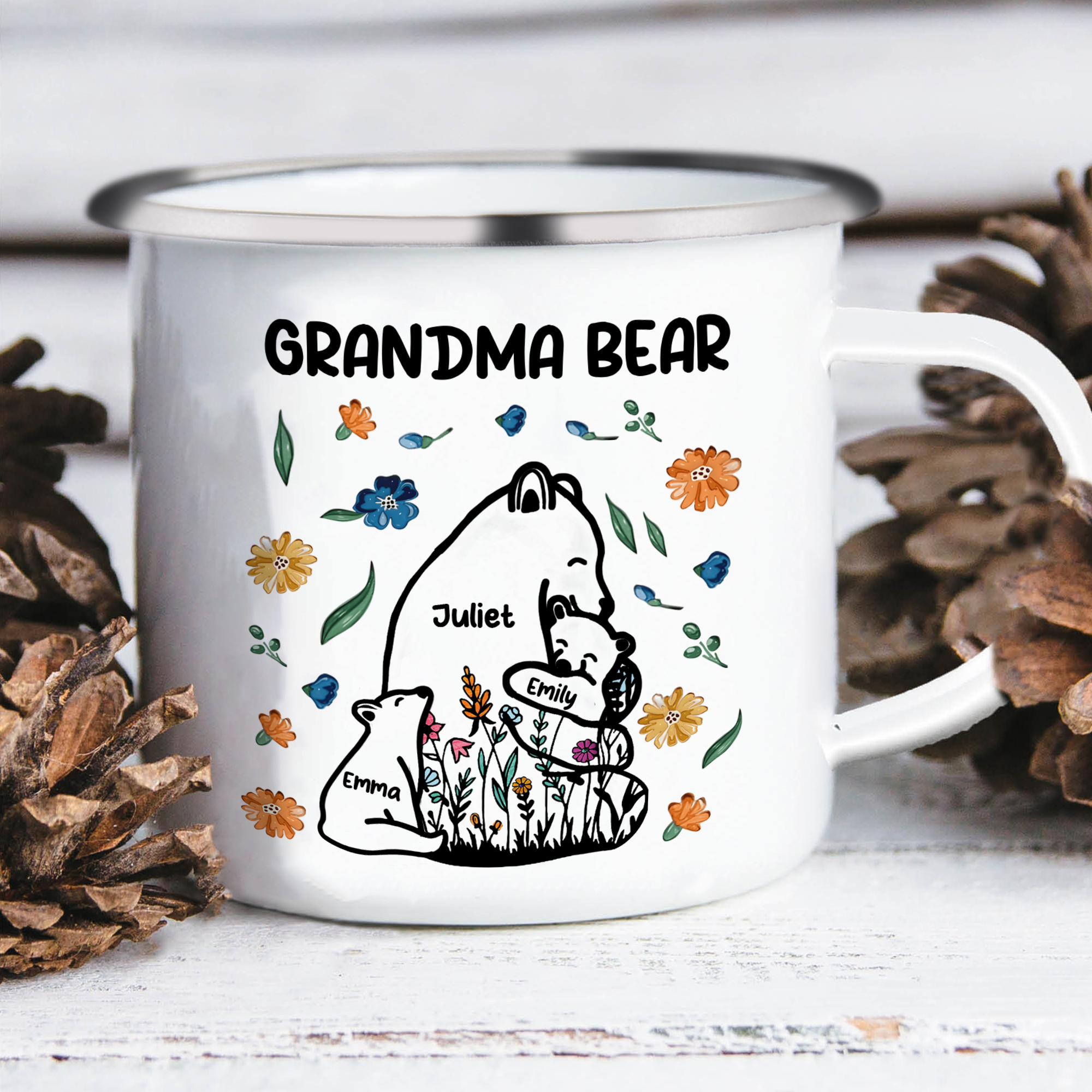 Personalized Mug - Custom 2-11 Names and 1 Text "Nan Bear" Enamel Cup Gifts for Grandma/Mom | Jessmade