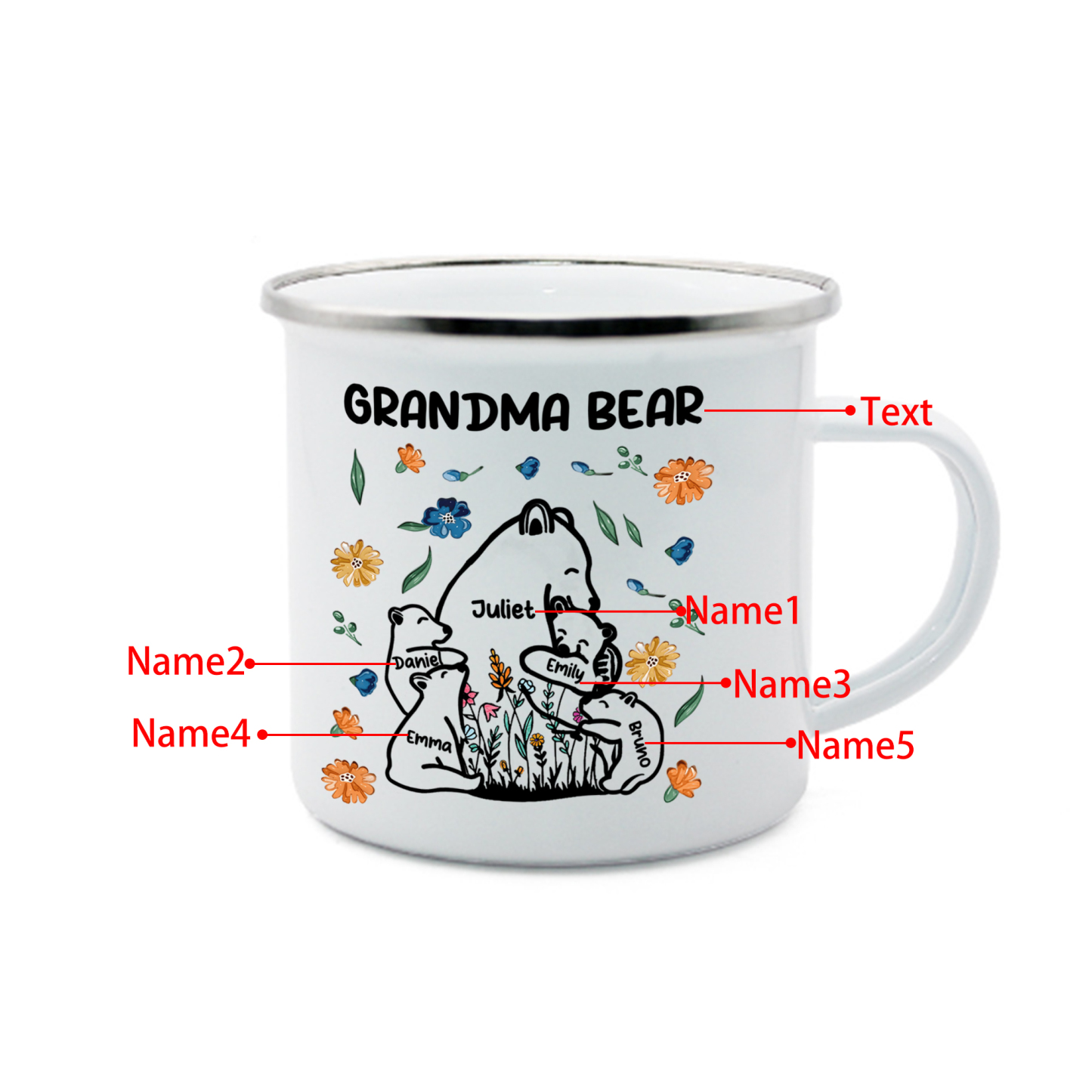 Personalized Mug - Custom 2-11 Names and 1 Text "Nan Bear" Enamel Cup Gifts for Grandma/Mom | Jessmade