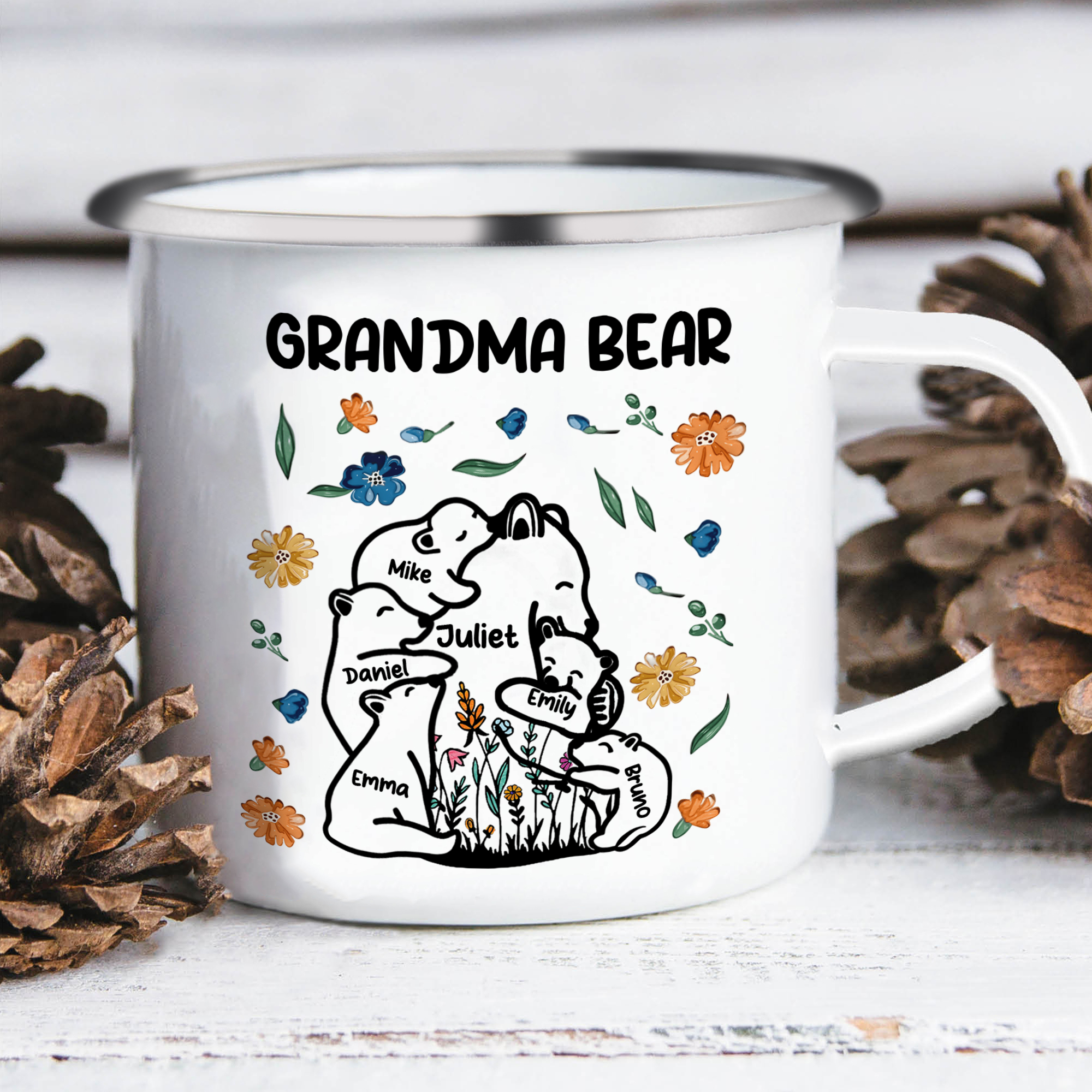 Personalized Mug - Custom 2-11 Names and 1 Text "Nan Bear" Enamel Cup Gifts for Grandma/Mom | Jessmade