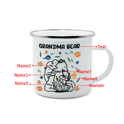 Personalized Mug - Custom 2-11 Names and 1 Text "Nan Bear" Enamel Cup Gifts for Grandma/Mom | Jessmade