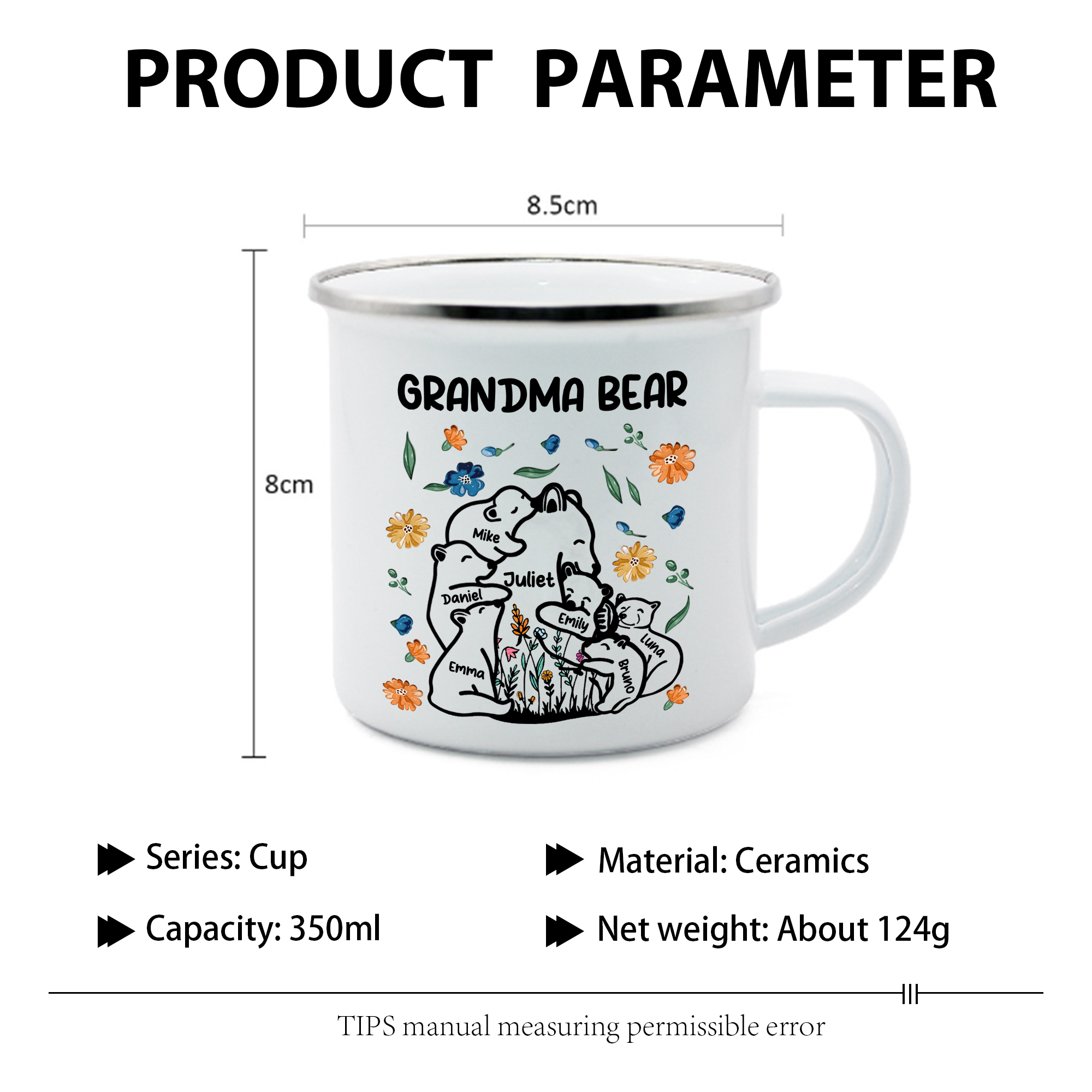 Personalized Mug - Custom 2-11 Names and 1 Text "Nan Bear" Enamel Cup Gifts for Grandma/Mom | Jessmade