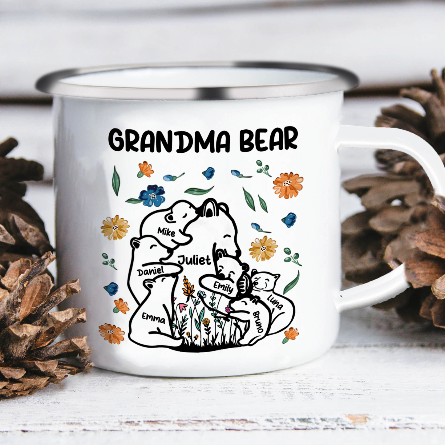 Personalized Mug - Custom 2-11 Names and 1 Text "Nan Bear" Enamel Cup Gifts for Grandma/Mom | Jessmade