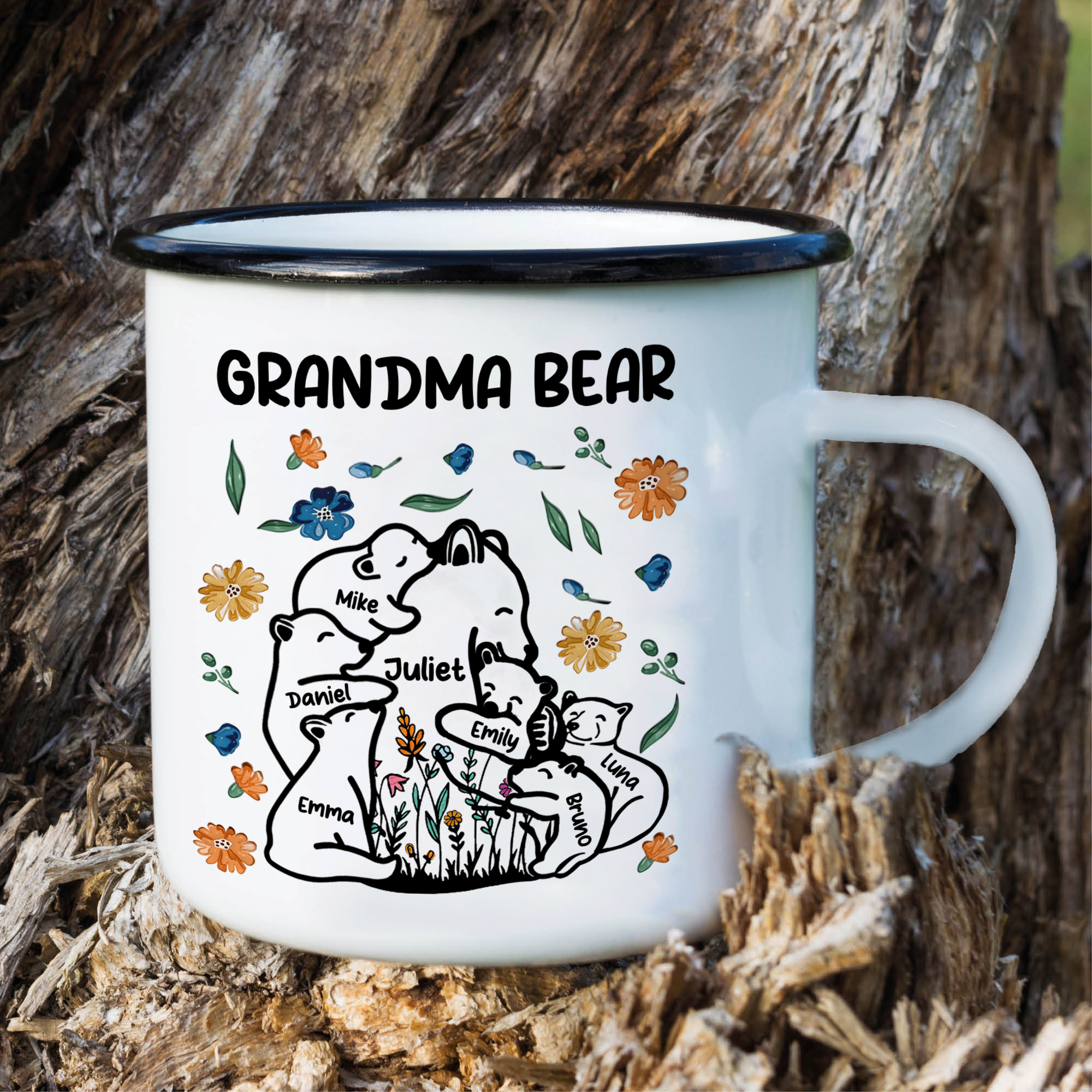Personalized Mug - Custom 2-11 Names and 1 Text "Nan Bear" Enamel Cup Gifts for Grandma/Mom | Jessmade