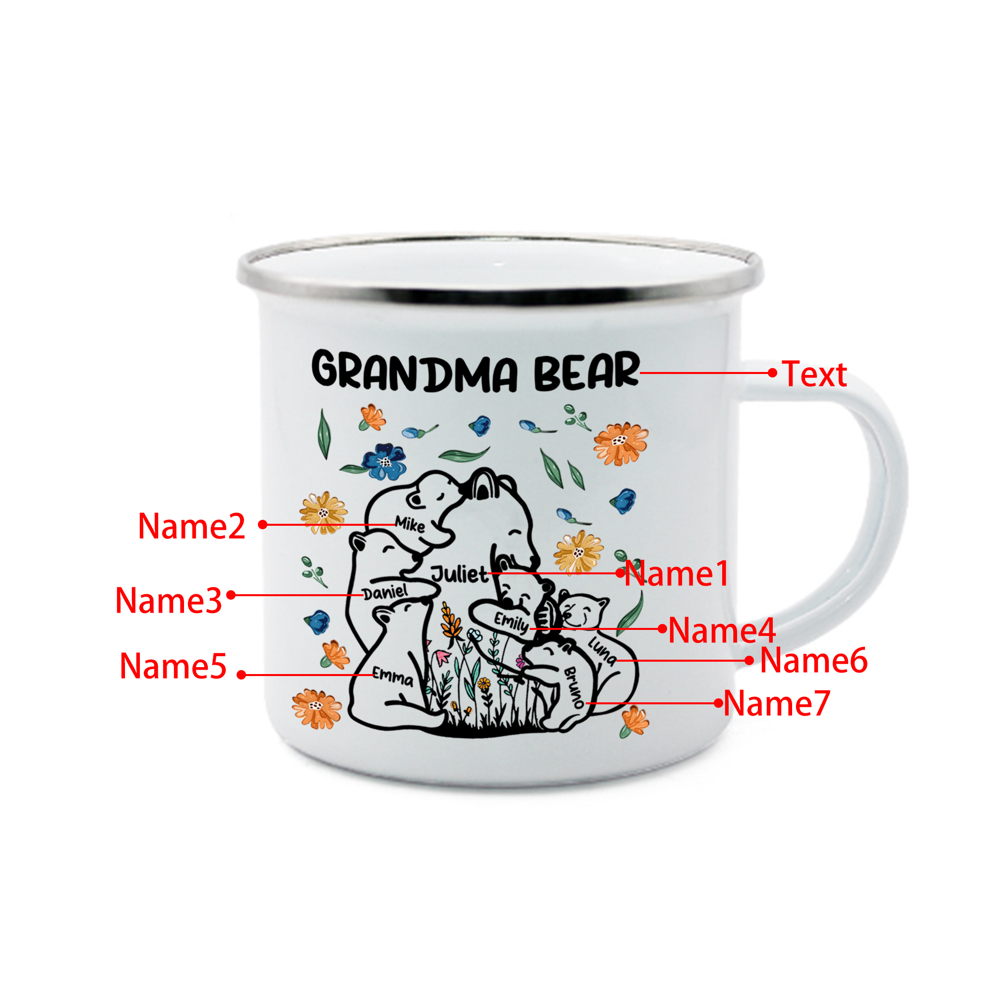 Personalized Mug - Custom 2-11 Names and 1 Text "Nan Bear" Enamel Cup Gifts for Grandma/Mom | Jessmade