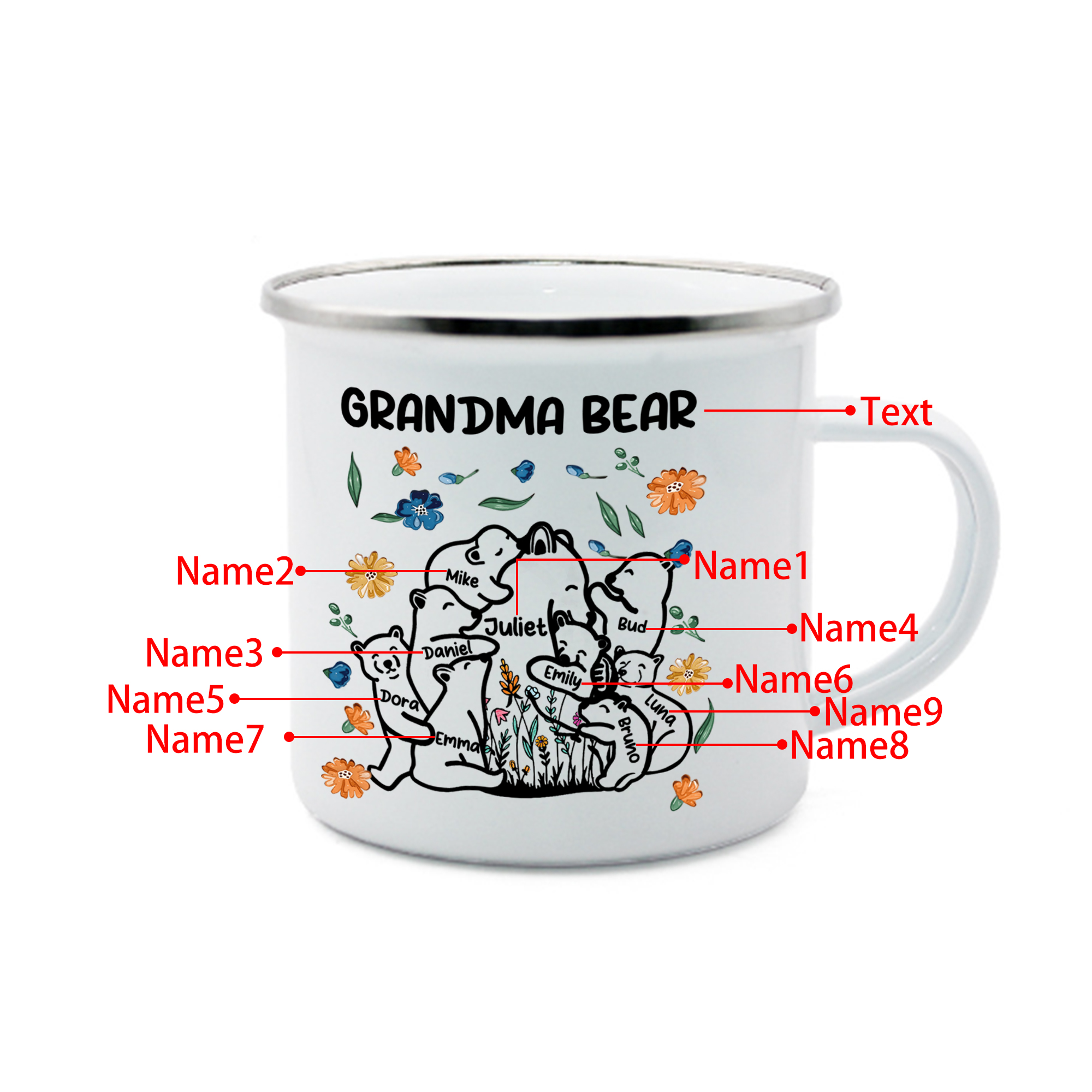 Personalized Mug - Custom 2-11 Names and 1 Text "Nan Bear" Enamel Cup Gifts for Grandma/Mom | Jessmade