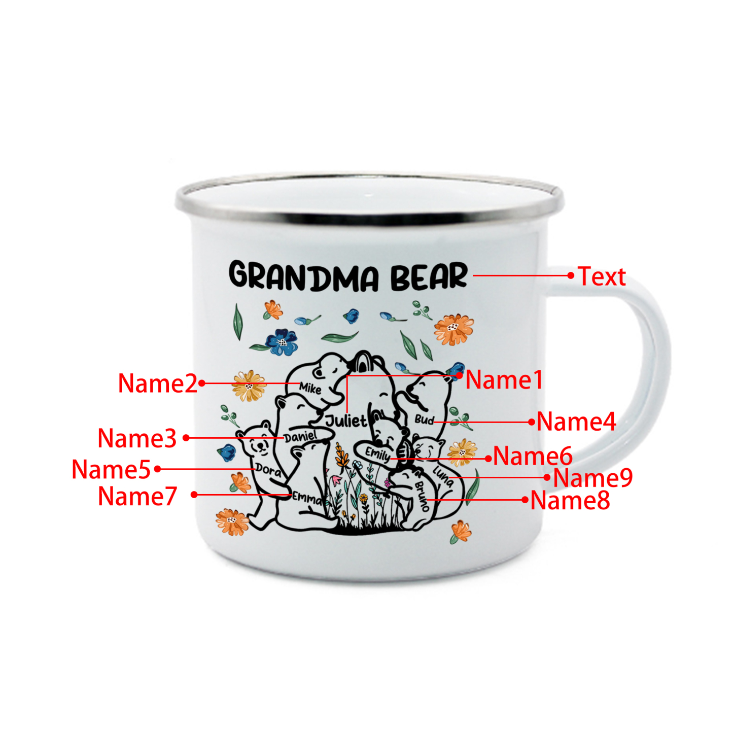 Personalized Mug - Custom 2-11 Names and 1 Text "Nan Bear" Enamel Cup Gifts for Grandma/Mom | Jessmade