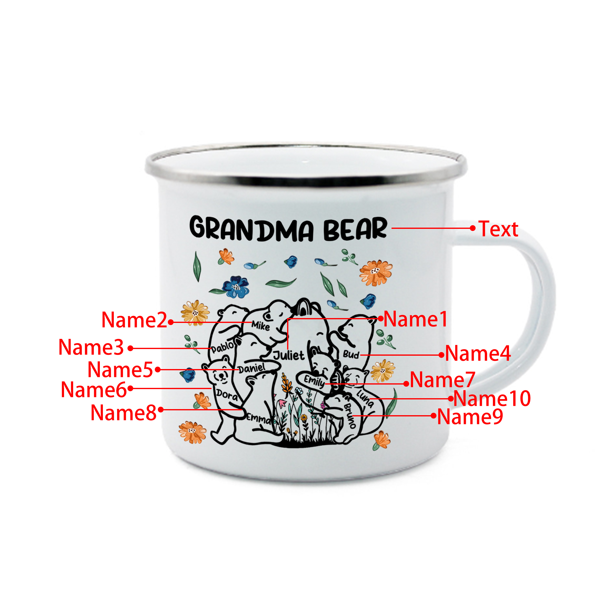 Personalized Mug - Custom 2-11 Names and 1 Text "Nan Bear" Enamel Cup Gifts for Grandma/Mom | Jessmade