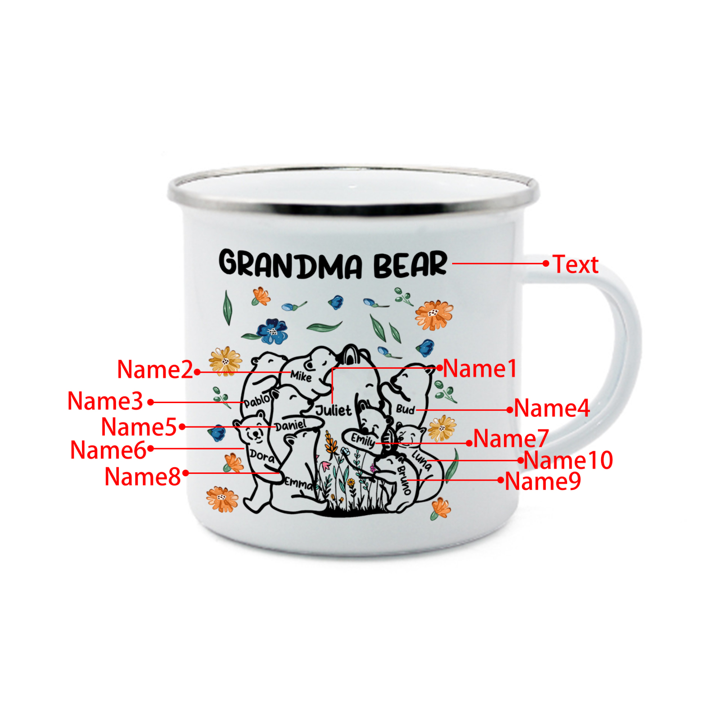 Personalized Mug - Custom 2-11 Names and 1 Text "Nan Bear" Enamel Cup Gifts for Grandma/Mom | Jessmade