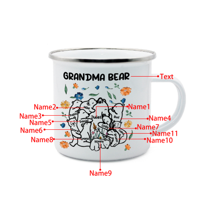 Personalized Mug - Custom 2-11 Names and 1 Text "Nan Bear" Enamel Cup Gifts for Grandma/Mom | Jessmade