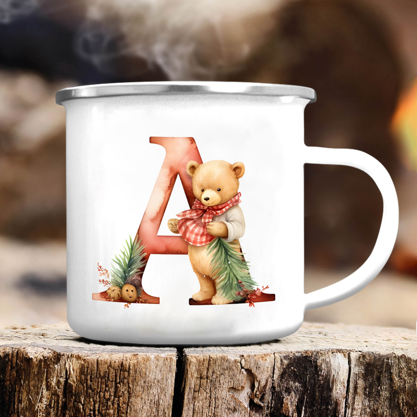 Personalised Initial Teddy Bear Ceramic Mug - Custom Letter Enamel Cup Gift for Her | Jessmade