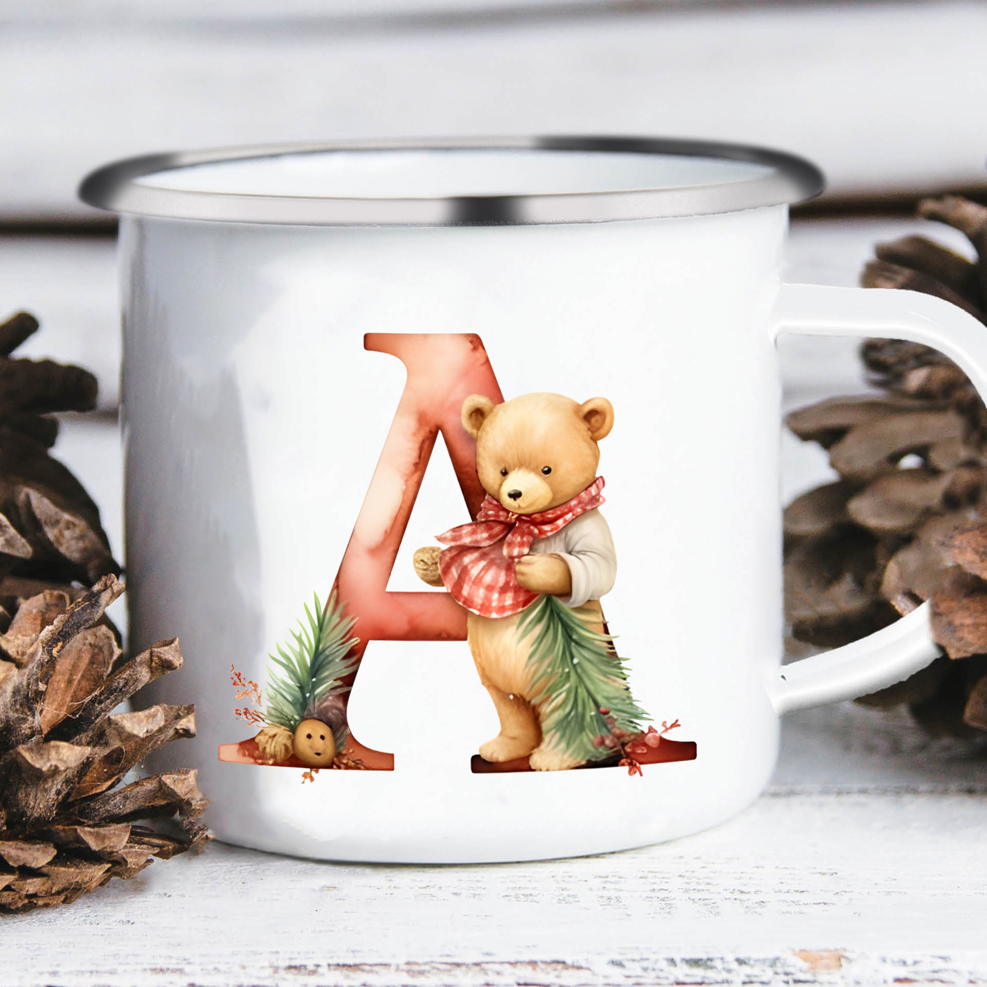 Personalised Initial Teddy Bear Ceramic Mug - Custom Letter Enamel Cup Gift for Her | Jessmade