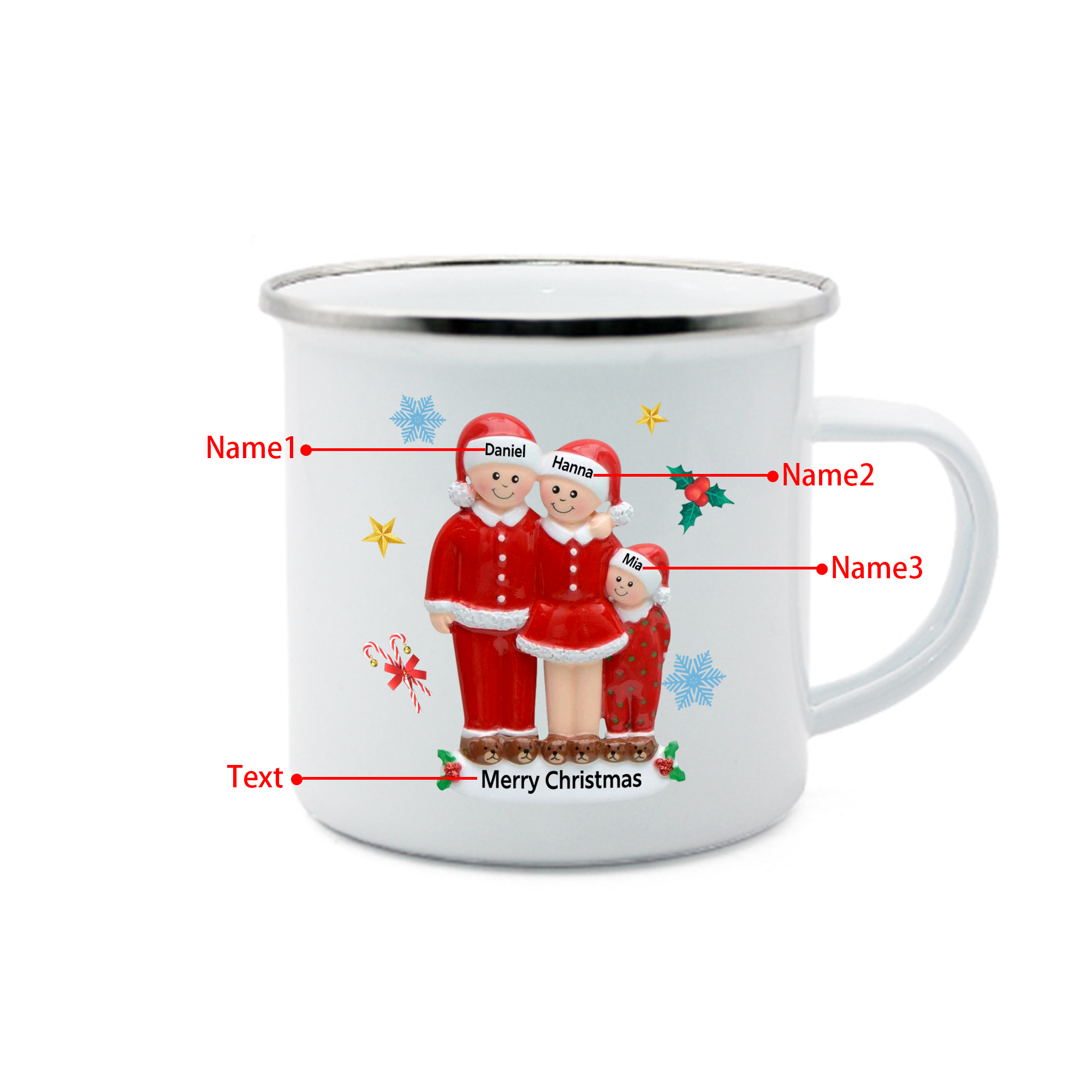 Personalised Enamel Cup with Custom 3-6 Names & 1 Text Christmas Gift for Family | Jessemade