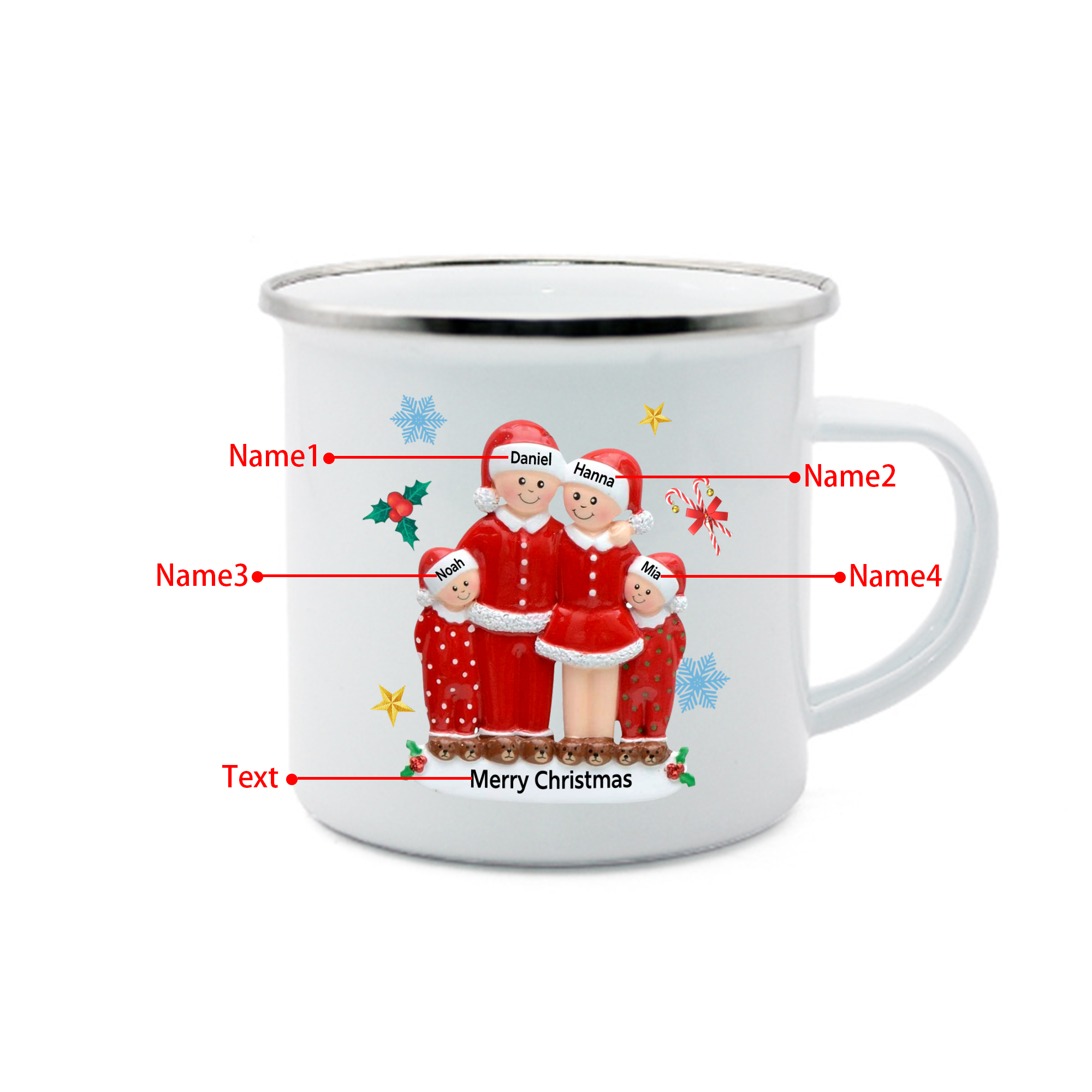 Personalised Enamel Cup with Custom 3-6 Names & 1 Text Christmas Gift for Family | Jessemade