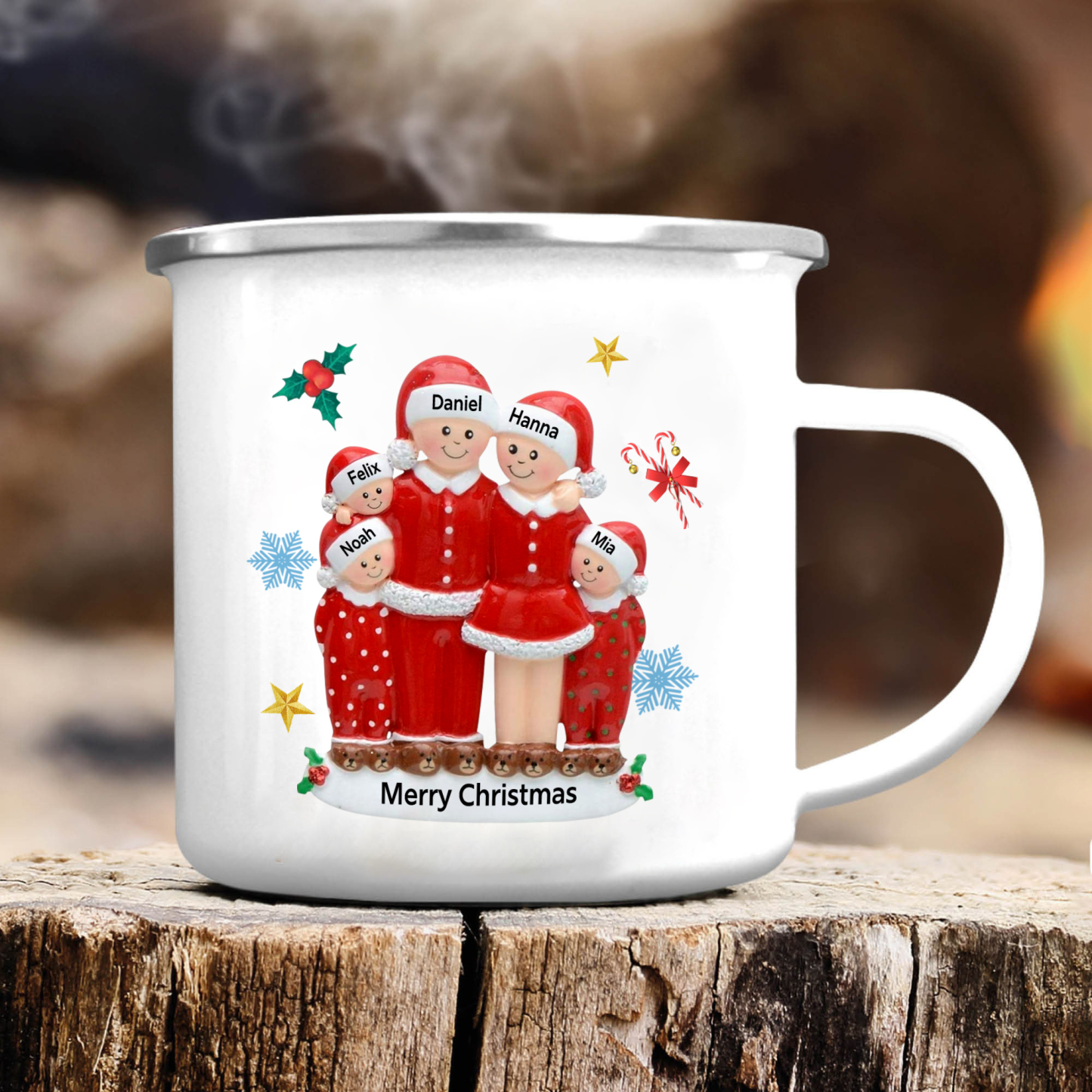 Personalised Enamel Cup with Custom 3-6 Names & 1 Text Christmas Gift for Family | Jessemade