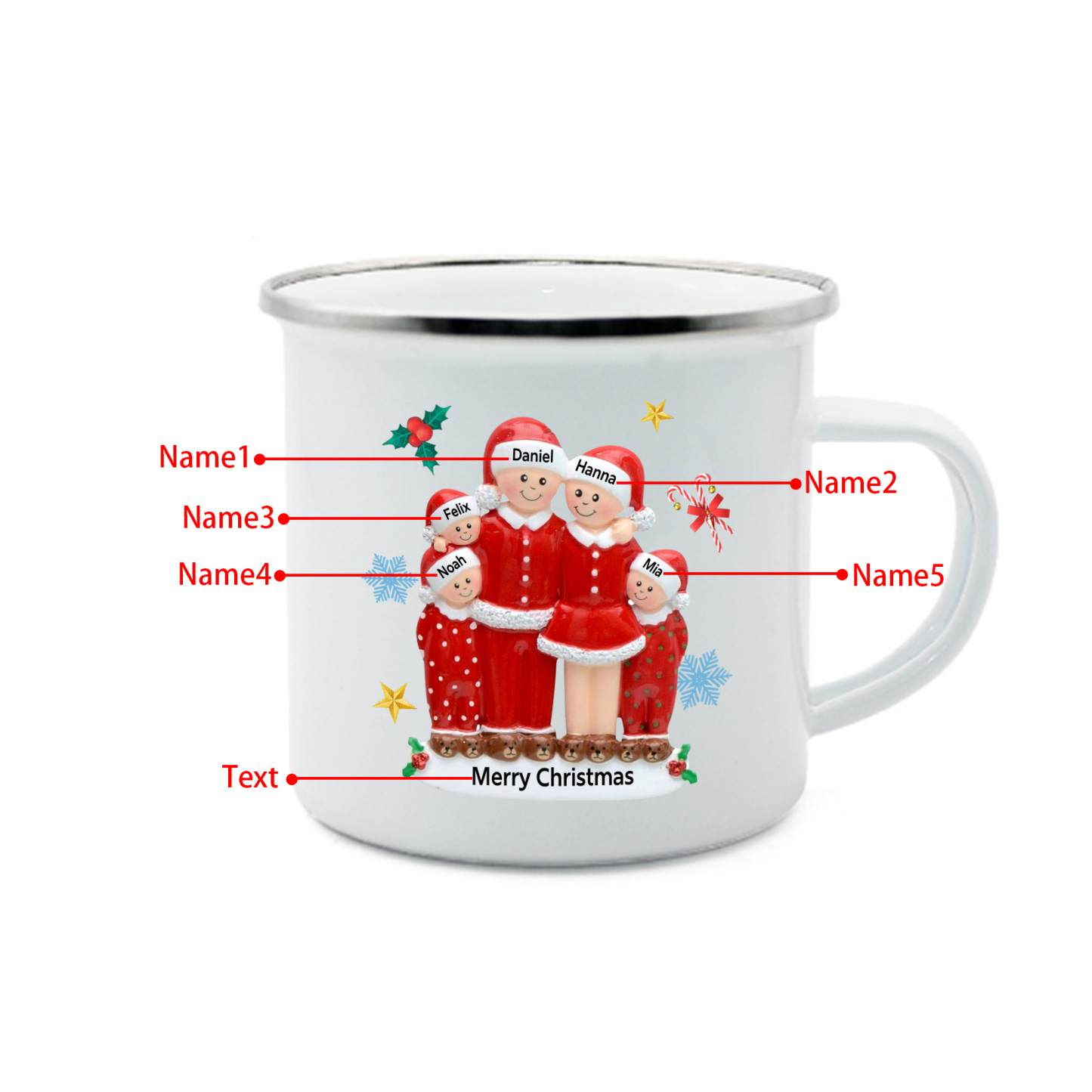 Personalised Enamel Cup with Custom 3-6 Names & 1 Text Christmas Gift for Family | Jessemade