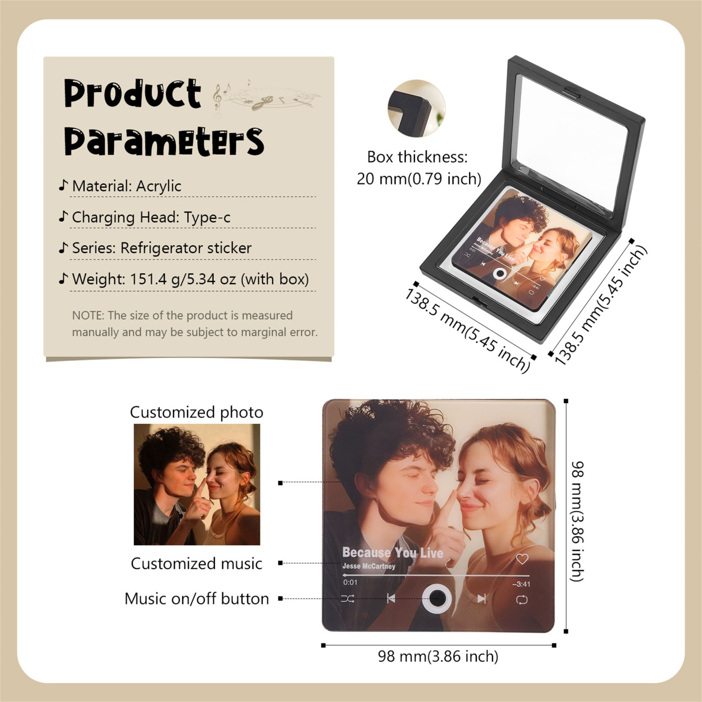 Personalized Gift Set – Custom Music Photo Magnet, Engraved Keychain & Wooden Pen, Valentine’s Day Gift for Him | Jessemade