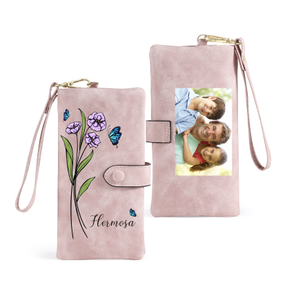Personalised Women’s Wallet with Custom Name, Photo, and Birth Flower