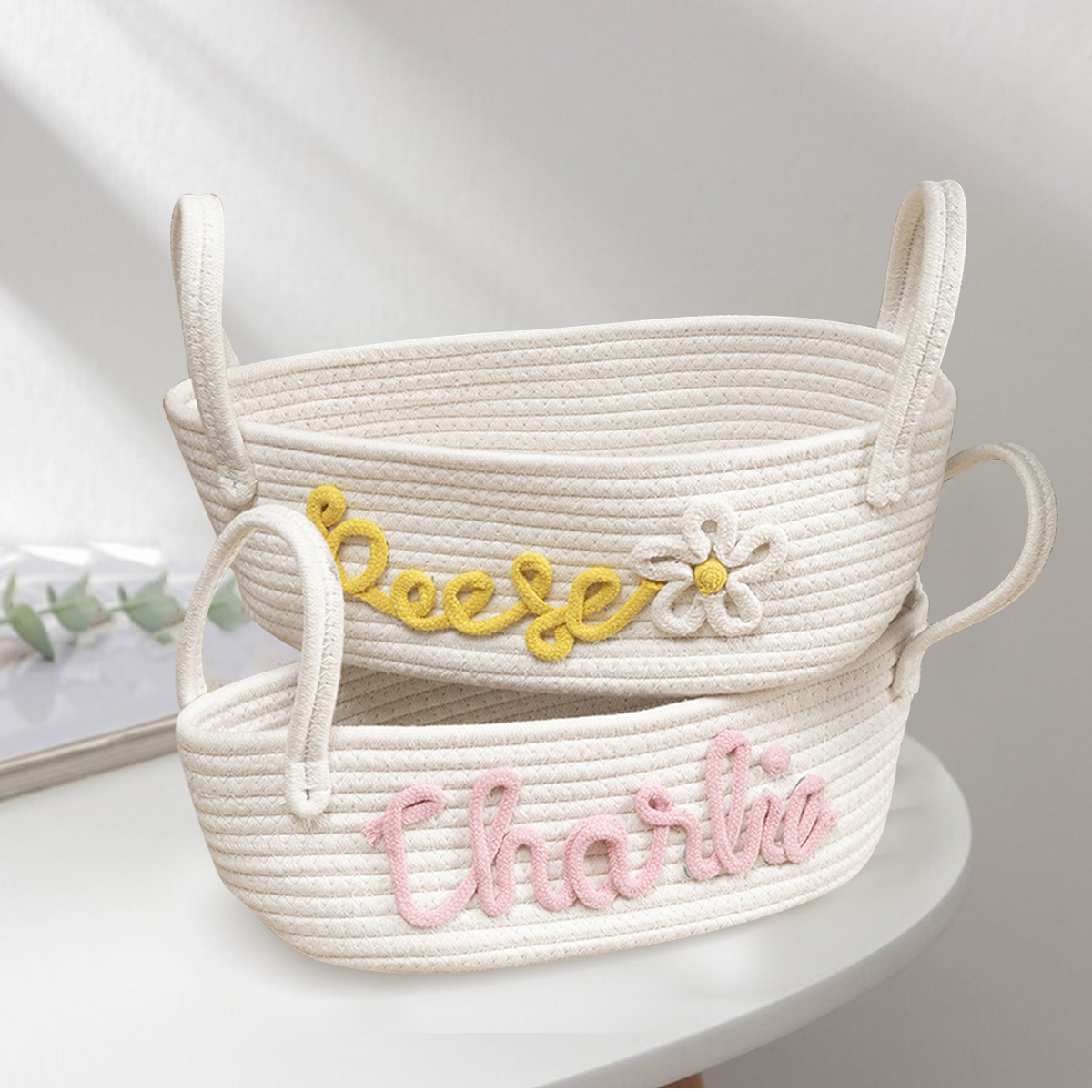 Personalised Baby Name Shower Gift Basket Toy Storage and Baptism Keepsake with Custom Name Rope Cotton Basket for Newborns | Jessemade