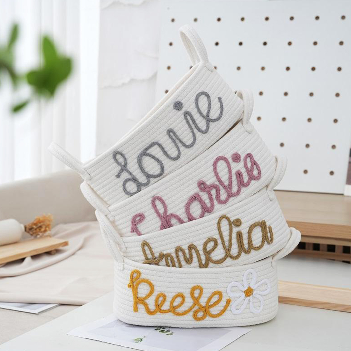 Personalised Baby Name Shower Gift Basket Toy Storage and Baptism Keepsake with Custom Name Rope Cotton Basket for Newborns | Jessemade