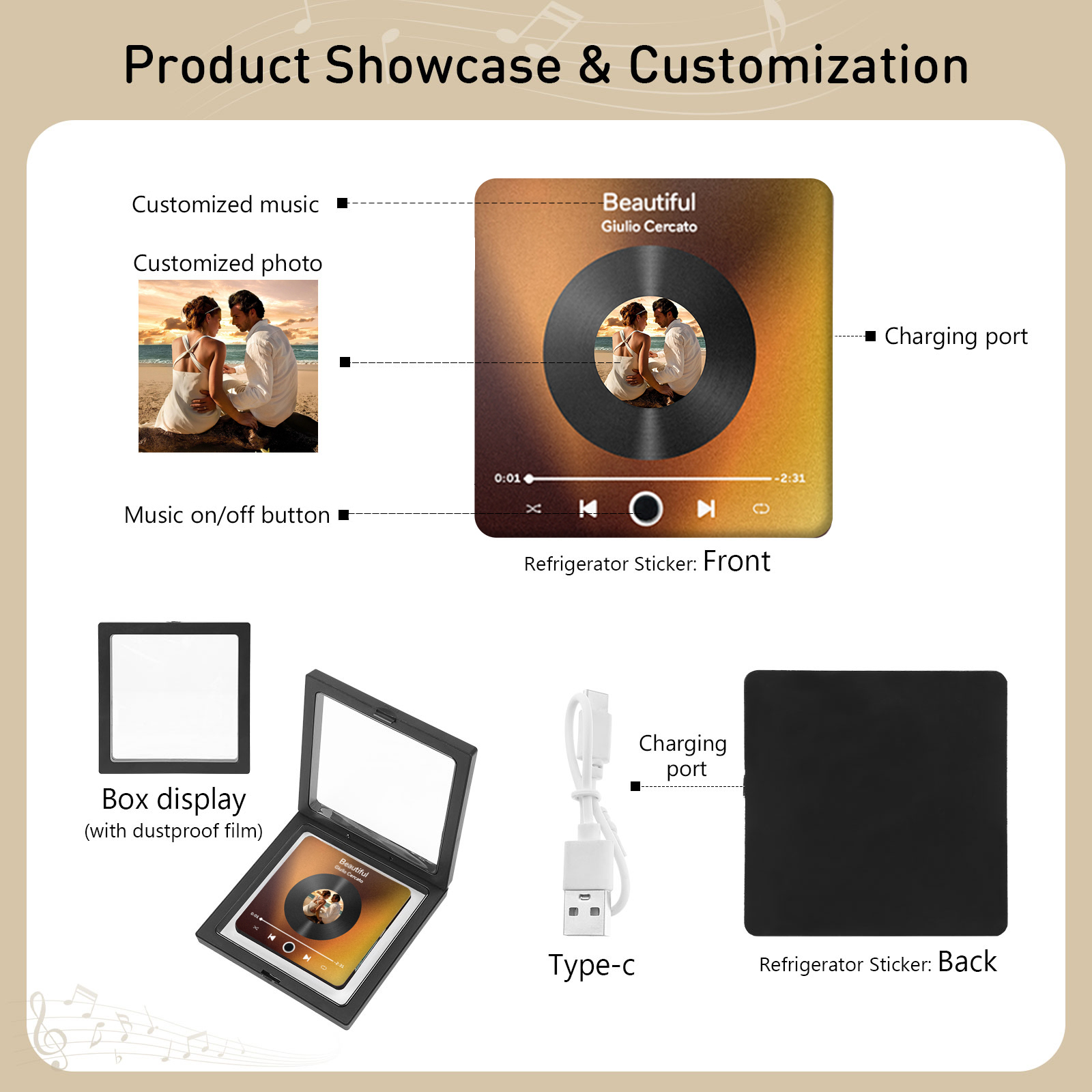 Personalized Photo Fridge Magnet with Favorite Song – Elegant Gift for Couples in Black or Color | Jessemade