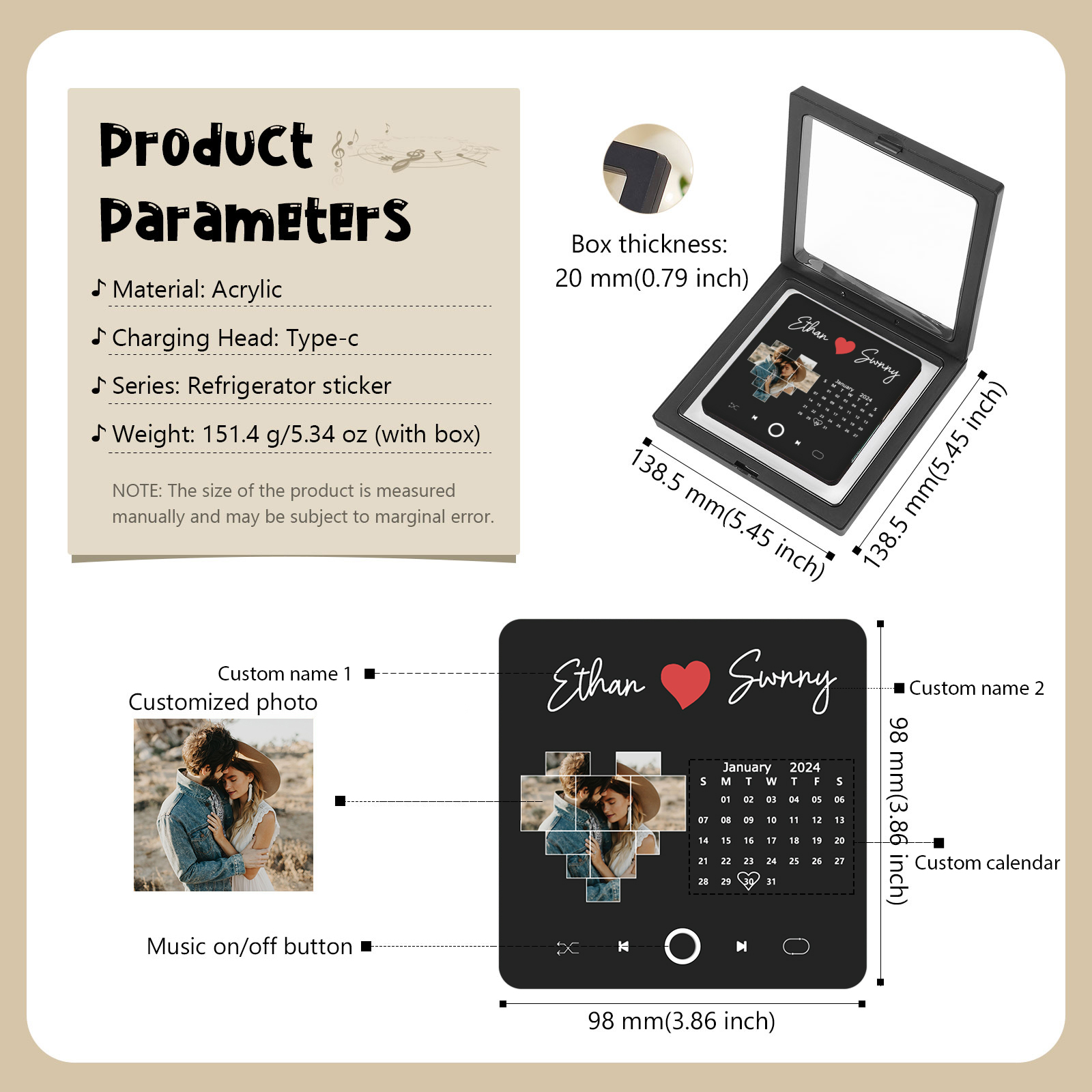 Personalized Photo Fridge Magnet with Custom 2 Names & 1 Date– Elegant Gift for Couples in Black or Color | Jessemade