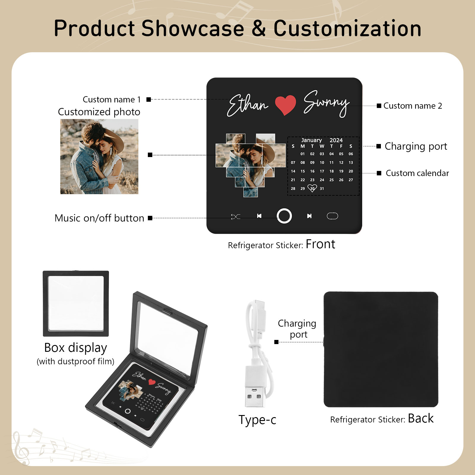 Personalized Photo Fridge Magnet with Custom 2 Names & 1 Date– Elegant Gift for Couples in Black or Color | Jessemade