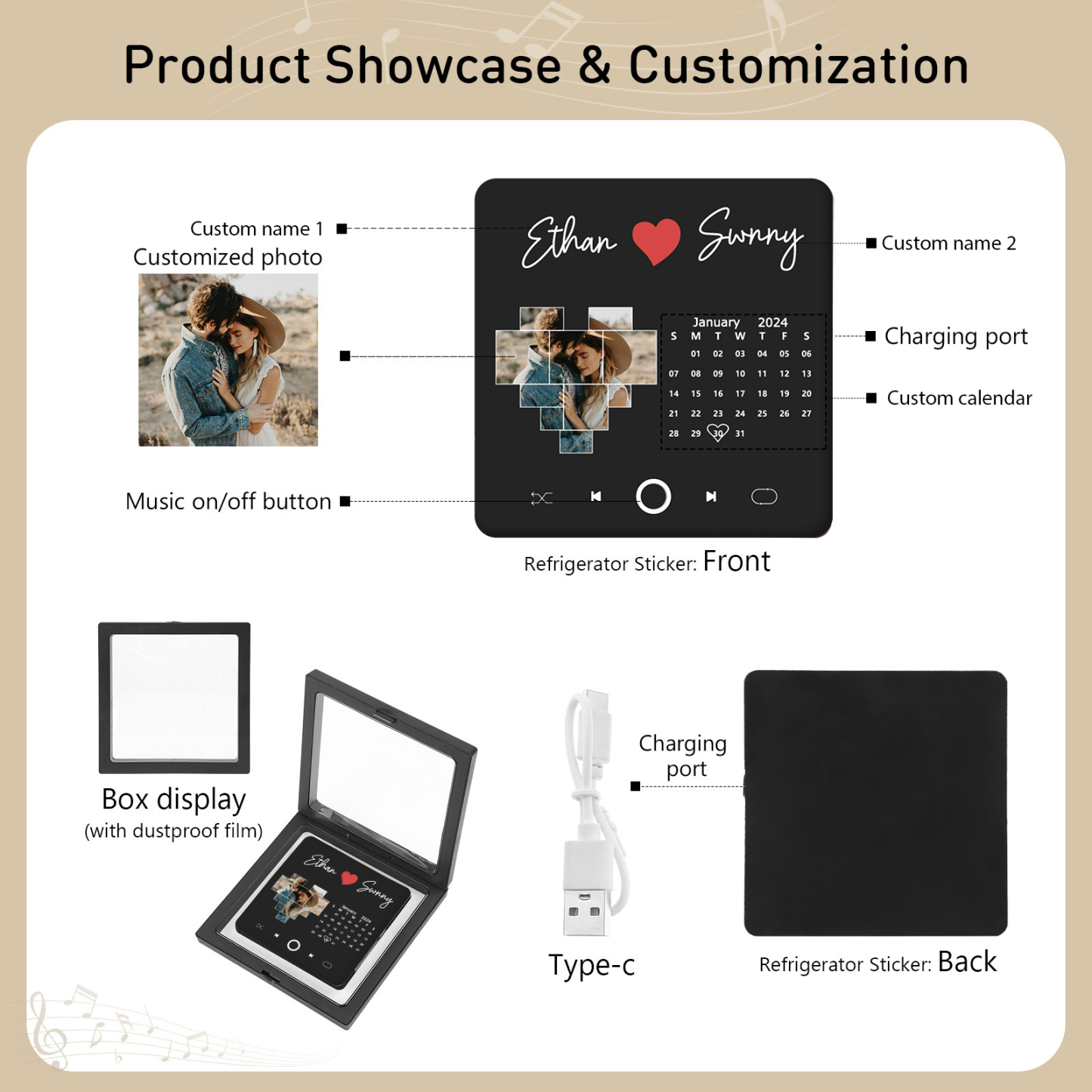 Personalized Photo Fridge Magnet with Custom 2 Names & 1 Date– Elegant Gift for Couples in Black or Color | Jessemade