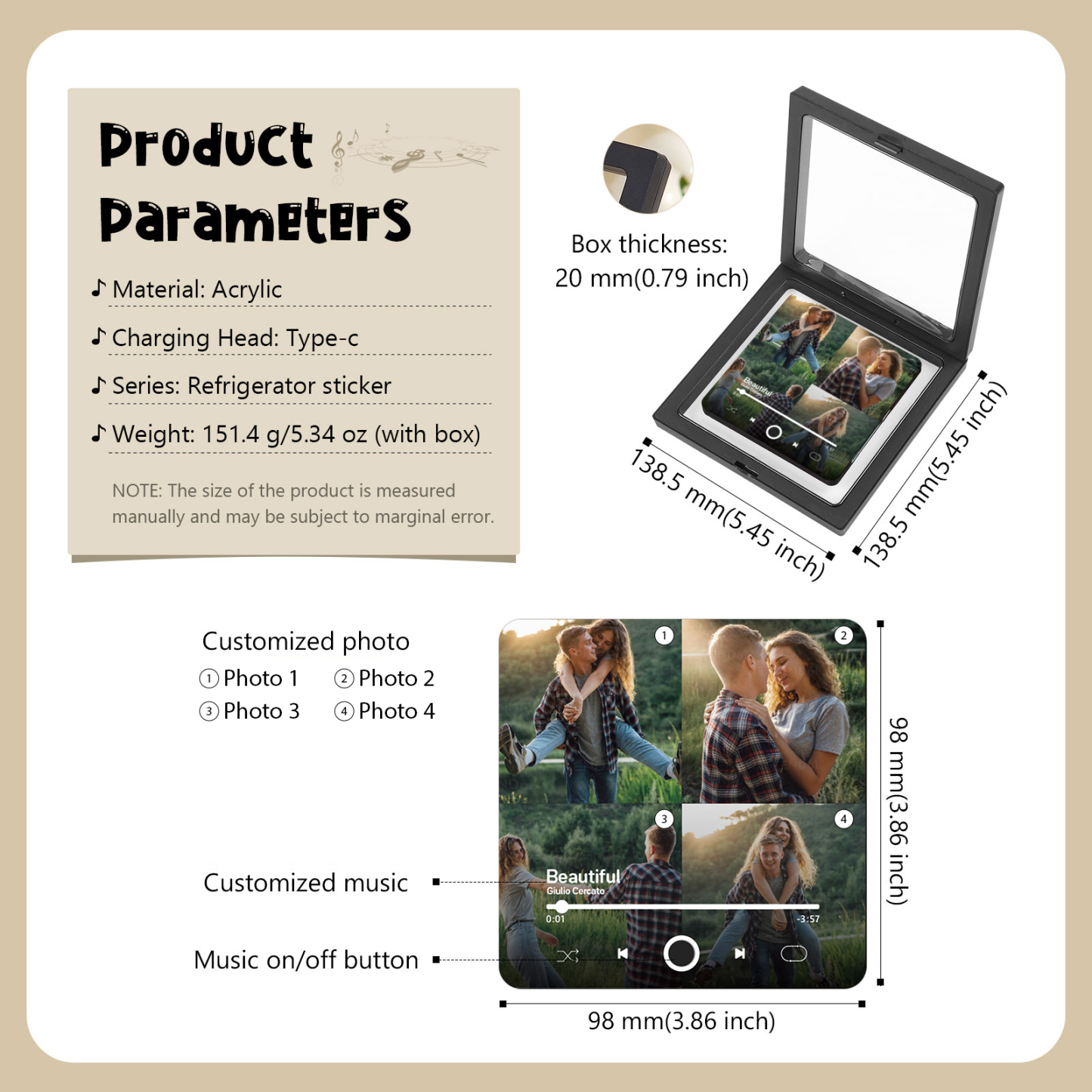 Personalized Photo Music Fridge Magnet with Custom 4 Photo and 1 Song Name- Cherish Memories with Style | Jessemade