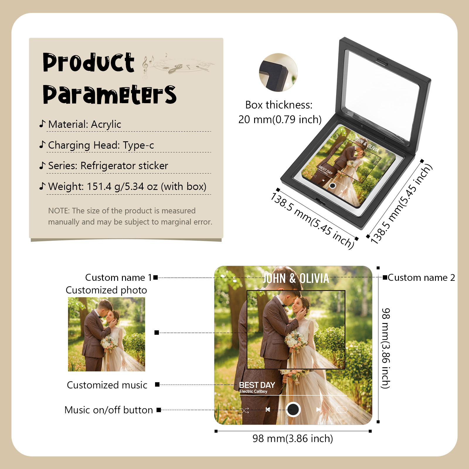 Personalized 1-Photo Fridge Magnet with Song & Names – A Romantic Keepsake Gift for Couple | Jessemade