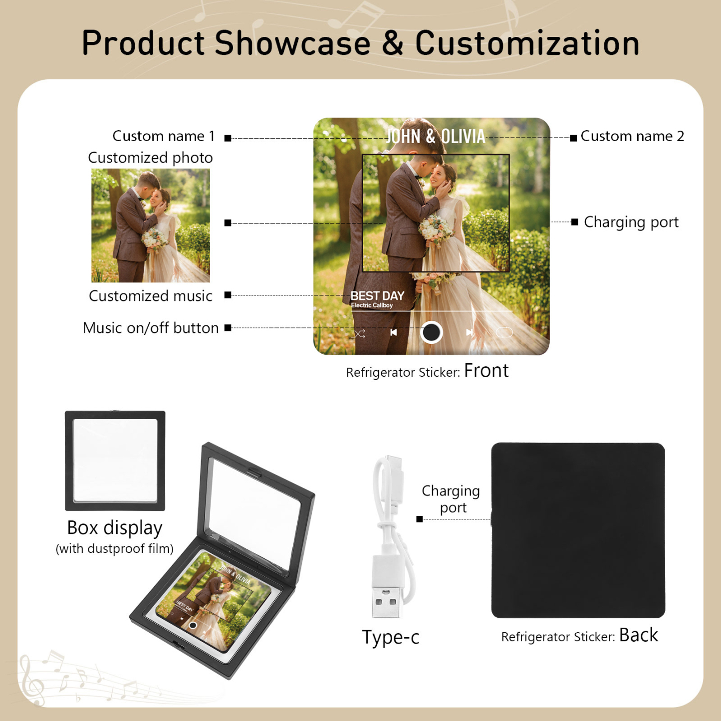 Personalized 1-Photo Fridge Magnet with Song & Names – A Romantic Keepsake Gift for Couple | Jessemade